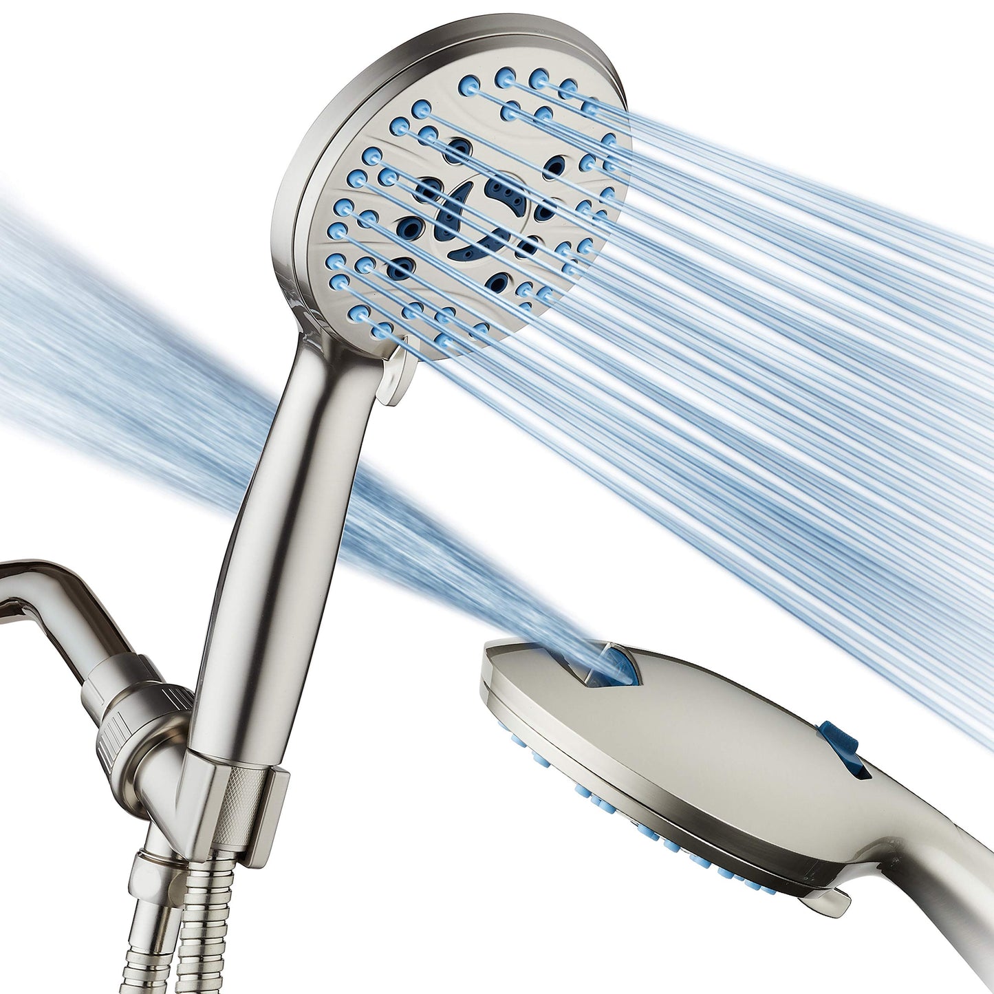 Hotel Spa AquaCare High Pressure 8-Mode Handheld Shower Head, Anti-Clog Nozzles, Built-in Power Wash to Clean Tub, Tile & Pets, Extra Long 6 ft. Stainless Steel Hose, Wall & Overhead Brackets
