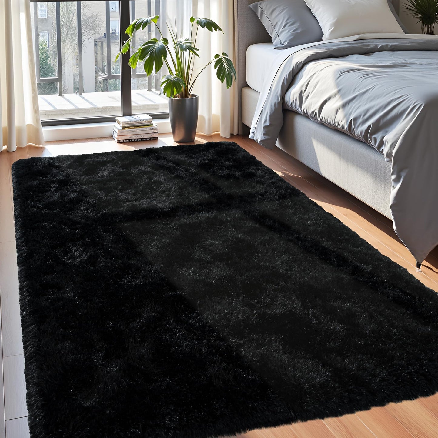 FLCODE Area Rugs for Living Room,4x6 Fluffy Black Rugs for Bedroom,Soft Thick Shag Washable Bedside Throw Carpet for Kids Room,Non-Slip Shaggy Nursery Rug