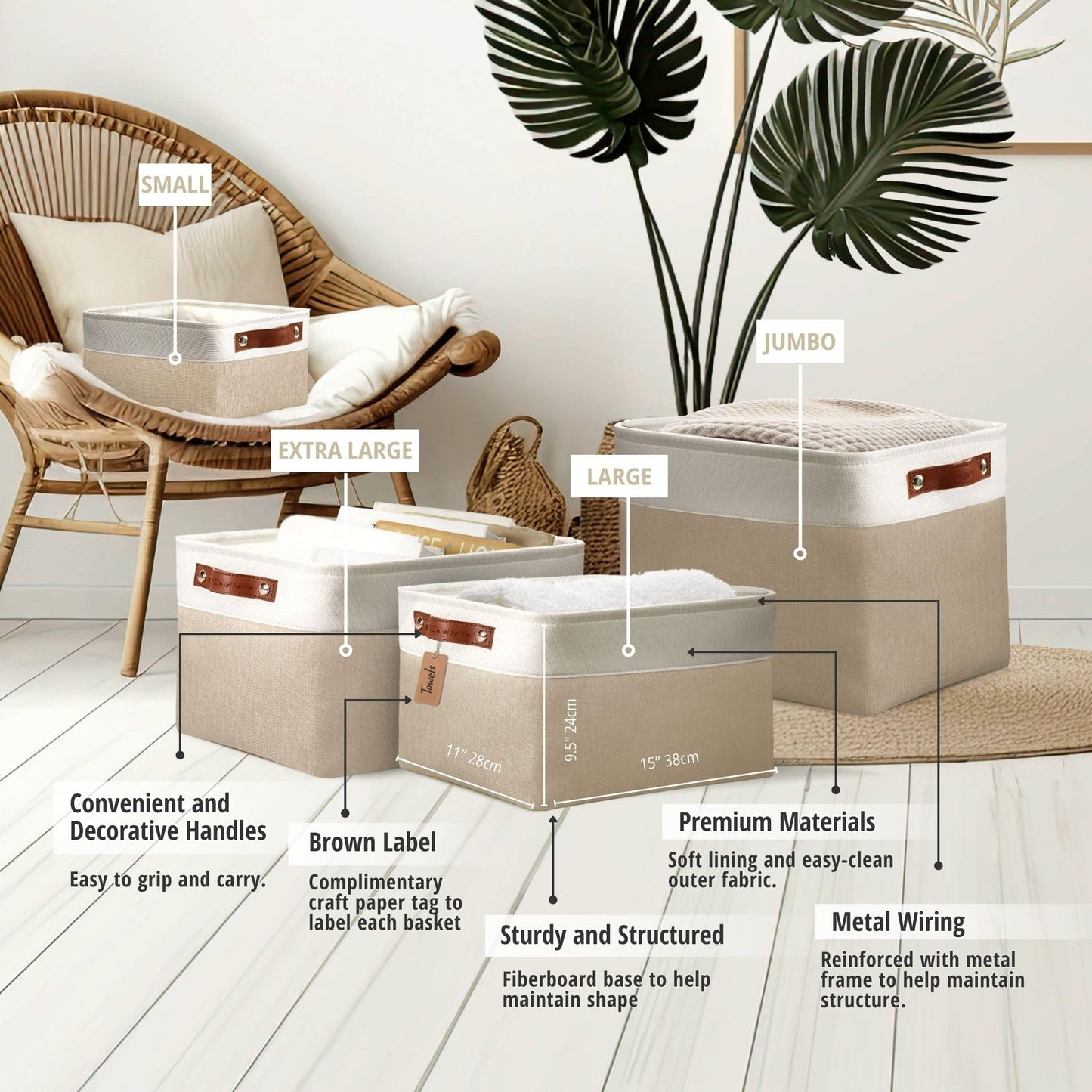 DECOMOMO Storage Bins Fabric Storage Baskets for Shelves, Linen Closet Organization Toys Nursery (Beige and White, Large - 3 Pack)