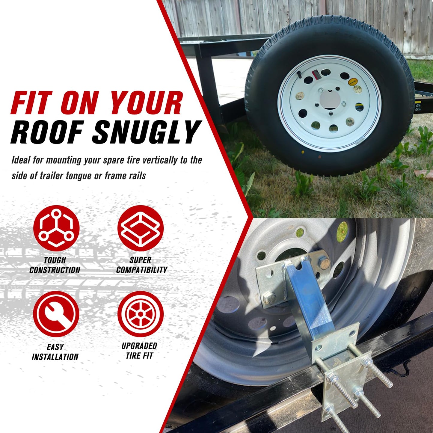 FieryRed Bolt On Spare Tire Bracket Carrier Mount, for Trailer Tounges and Boat Trailers, Fits 4 and 5 Lug Wheels with Various Bolt Patterns