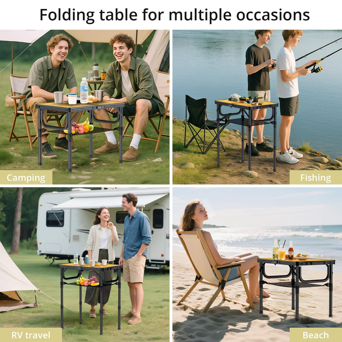 Anbte 2ft Folding Camping Table with Storage Net, 3 Adjustable Heights Aluminum Small Folding Table, Lightweight, Portable Handle, for Travel Outdoor Beach Camping Picnic, 23.2" x 16", Yellow