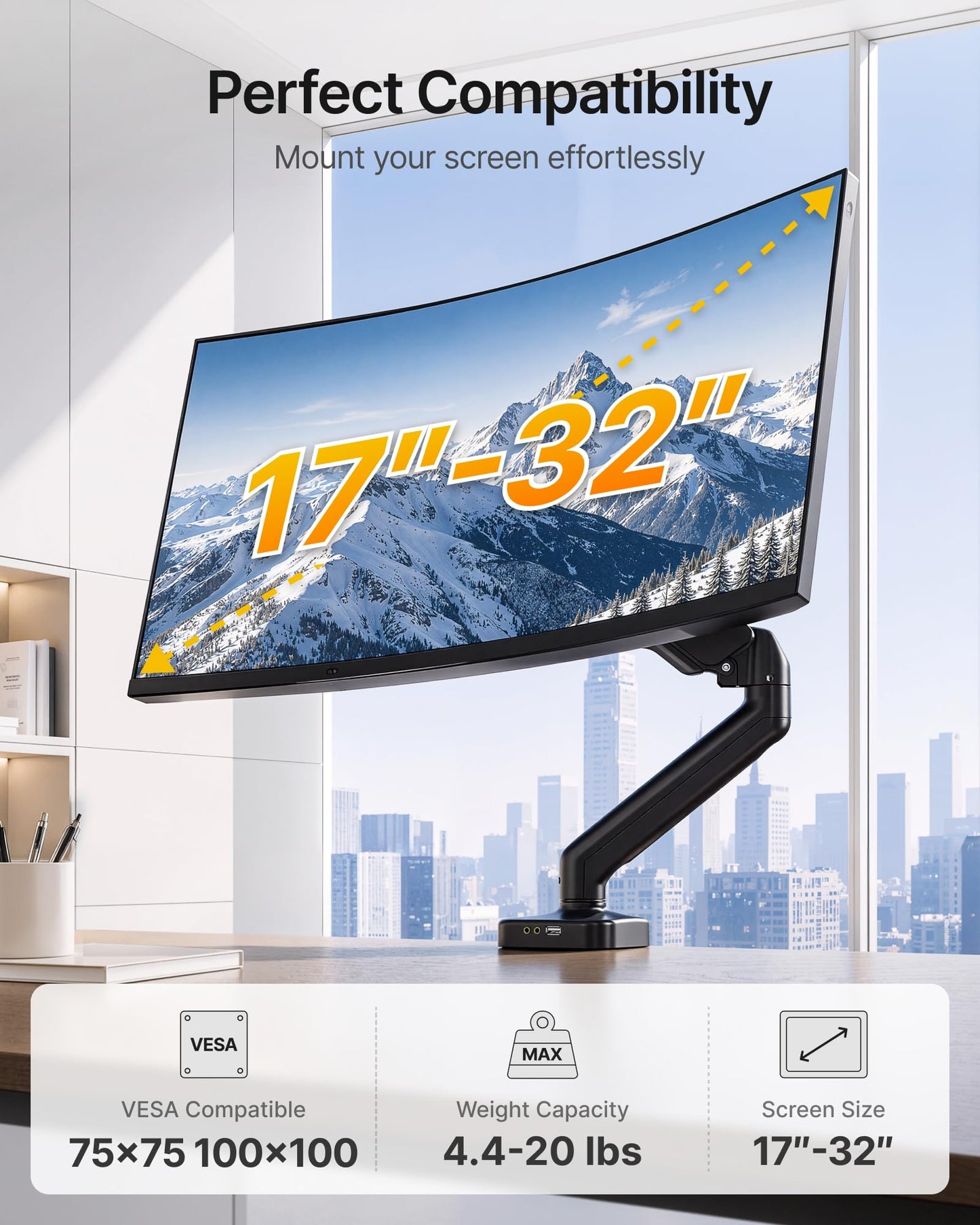 monTEK Heavy Duty Single Monitor Arm with USB/Audio Ports for 17-32” Screens, Premium Mechanical Spring Monitor Arm up to 19.8 lbs, Full Motion Monitor Desk Mount, VESA 75/100 mm, Clamp/Grommet