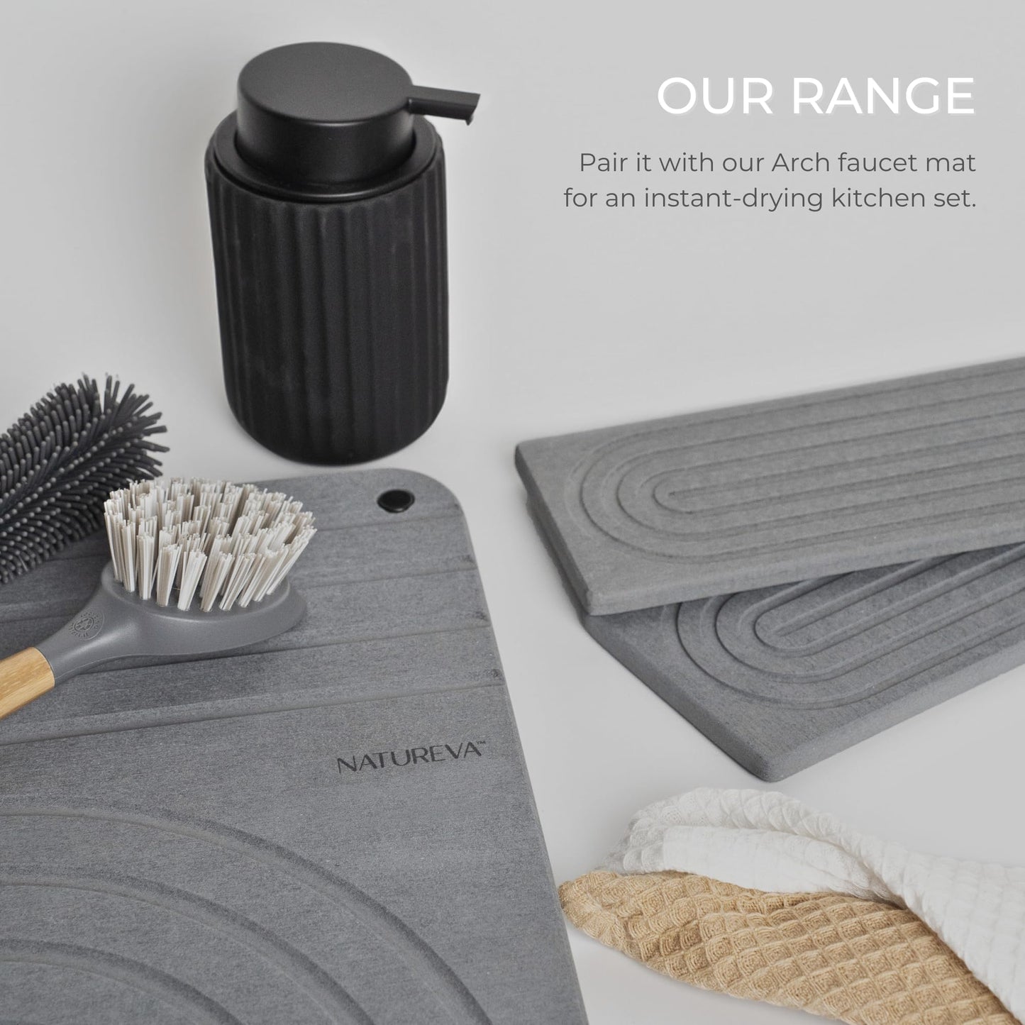 Natureva Stone Dish Drying Mat - Super Absorbent, Quick Dry Diatomite Mats for Kitchen Counter - Made of Natural Diatomaceous Earth Absorbing Water Instantly - Tide - Graphite