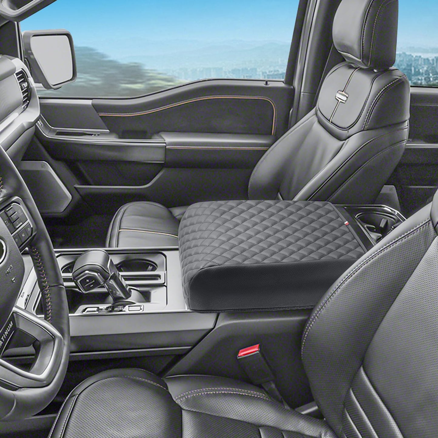 PIMCAR Center Console Cover for 2021-2026 Ford F150 PU Leather Armrest Cushion Protector Interior Accessories (Only fit for Full Bucket Seat)
