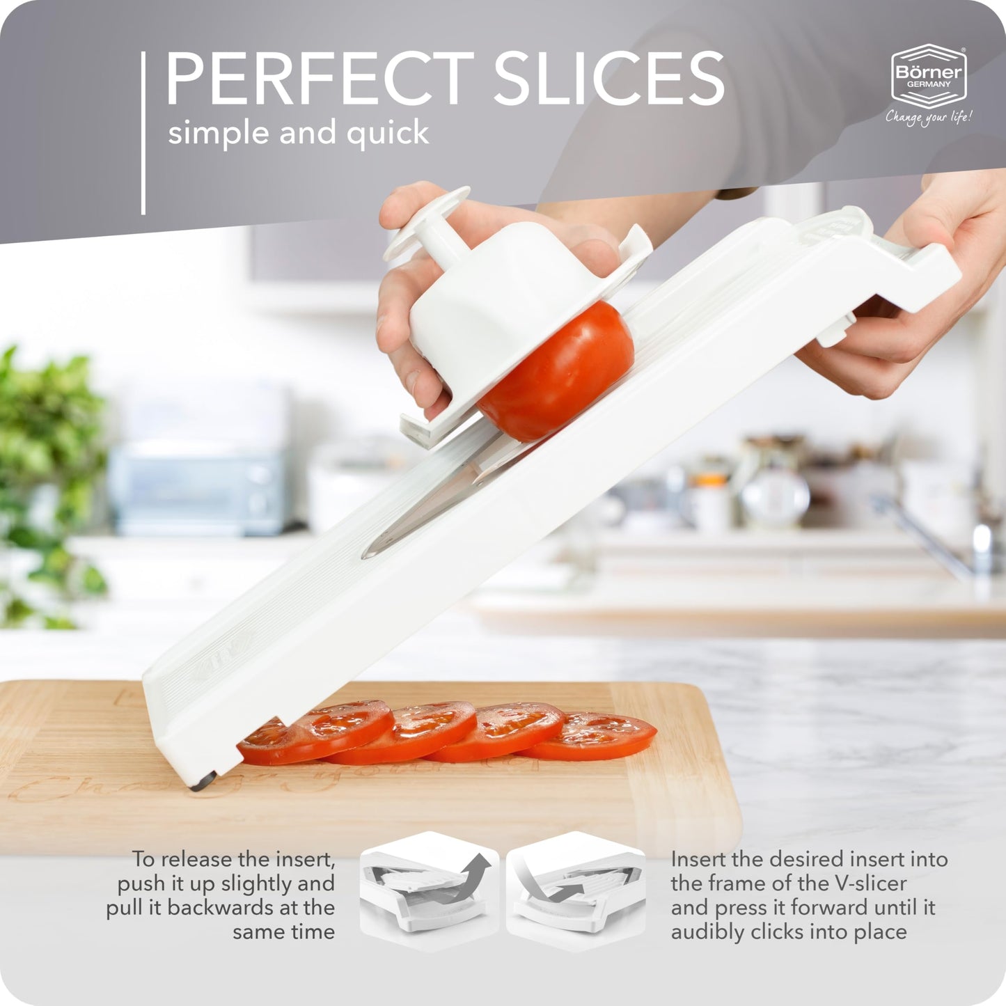 Börner by Reston Lloyd Mandoline Slicer V3 (Starter Set) • V-Slicer with 4 Cutting Options & Safety Food Holder • Adjustable Kitchen Slicer for Vegetables & Fruits • Color: White
