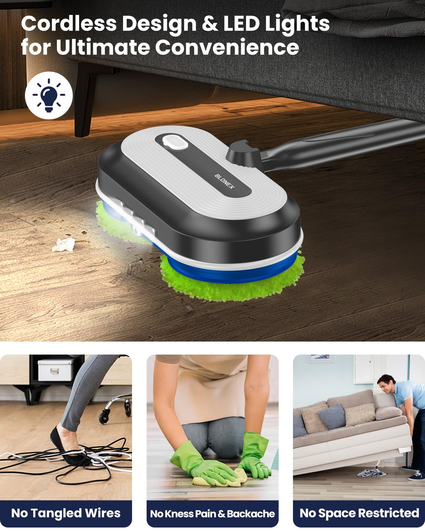 Blonex Cordless Electric Mop, Electric Spin Floor Mop with LED Headlights & Water Sprayer, Long-Lasting Battery, Large 290ml Tank, Self-Propelled Floor Cleaner with Adjustable Tube for All Floors