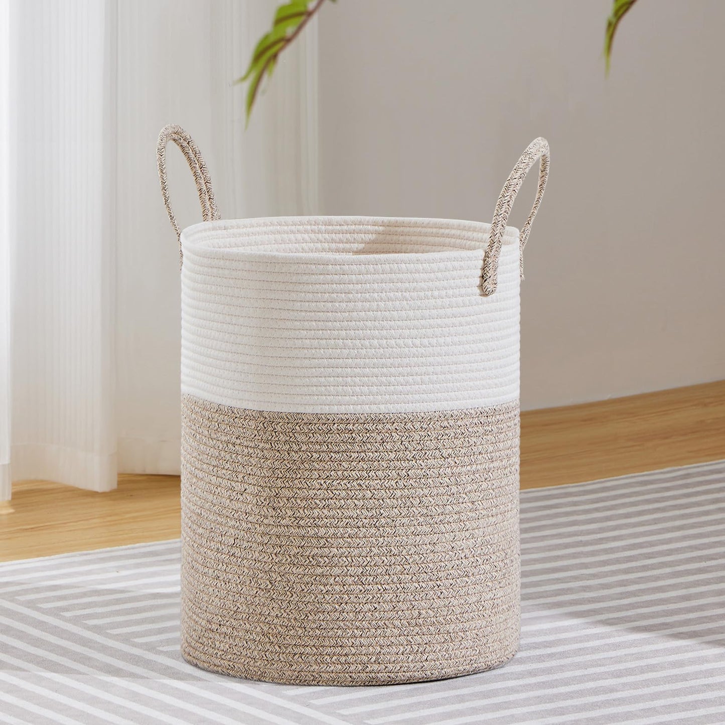 VIPOSCO Large Laundry Hamper, Tall Woven Rope Storage Basket for Blanket, Dirty Clothes in Living Room, Bathroom, Bedroom - 53L White & Brown
