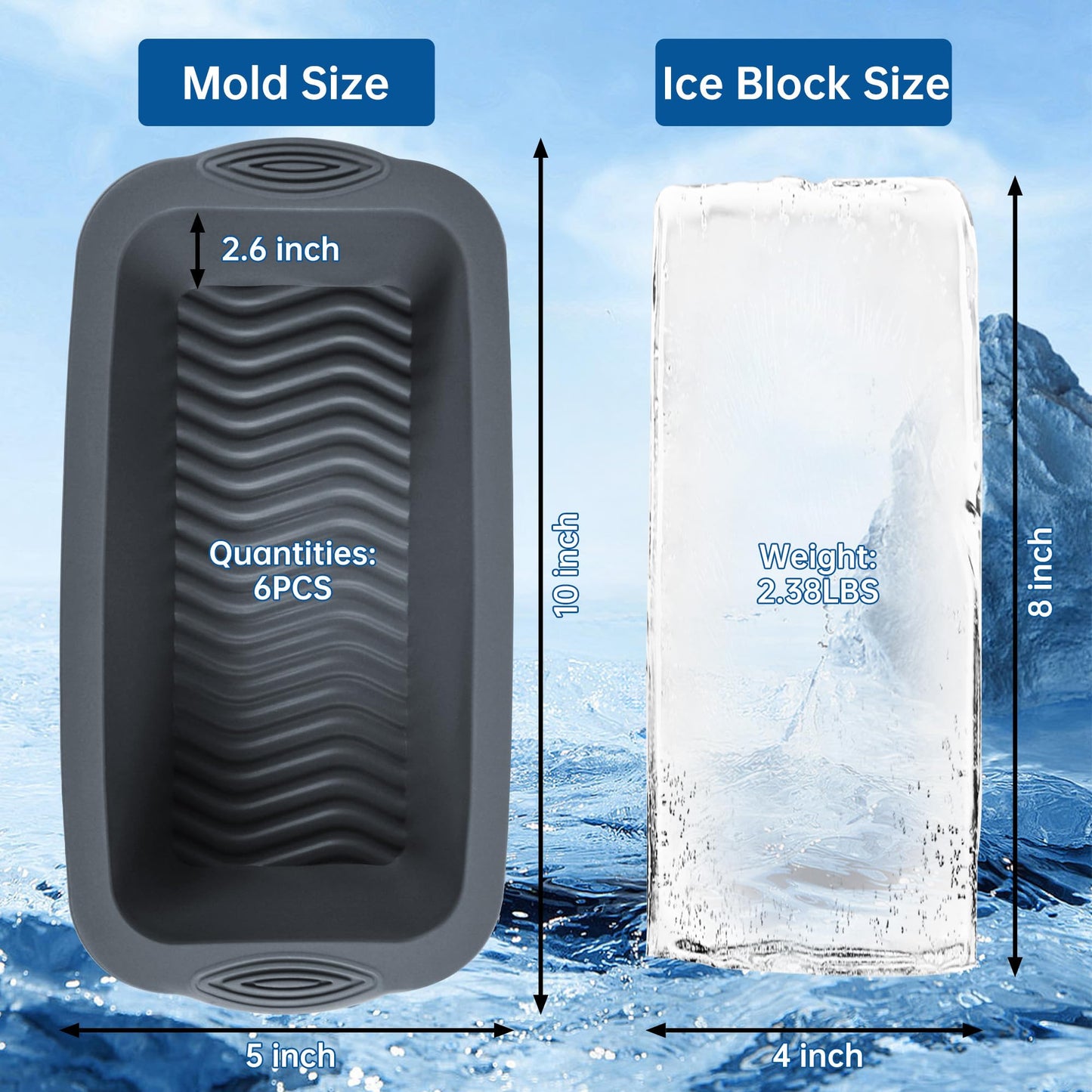 Extra Large Ice Block Molds - 6 Pcs for Ice Bath or Coolers, Big Silicone Cube Molds for Cold Plunge Tub Chiller, Reusable Tray for Storing and Freezing, Easy Release