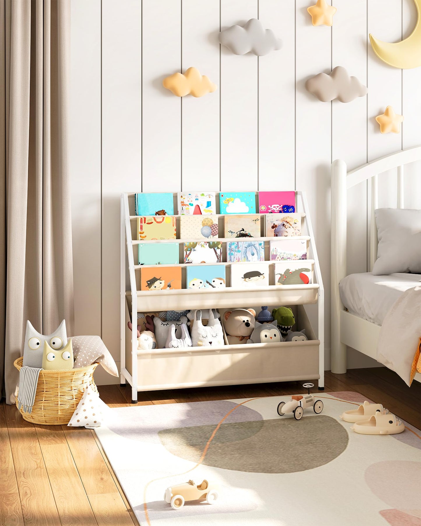 CHOEZON Kids Bookshelf with 4-Tier Oxford Slings, Kids Book Rack with Toy Storage, Magazine Book Rack, Large Capacity Book Organizer for 3-8 Years Olds, for Kids Room, Nursery, Playroom, Beige TCW09WM