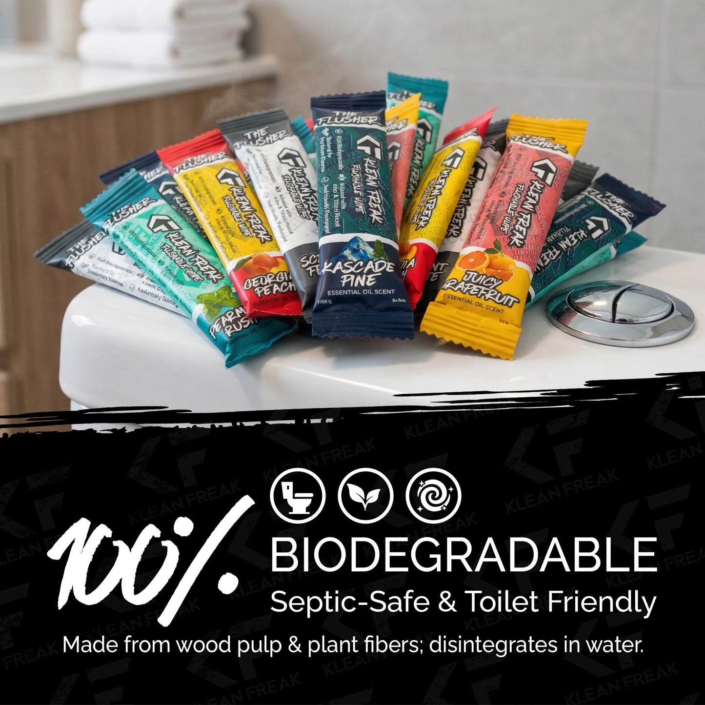 THE KLEAN FREAK FLUSHER - 100 Pack FLUSHABLE WIPES Flushable Wipes For Adults & Kids Unscented/Scented - 100% BIODEGRADABLE Individual Wrapped Travel WET Wipe for Toilet - Scent Free