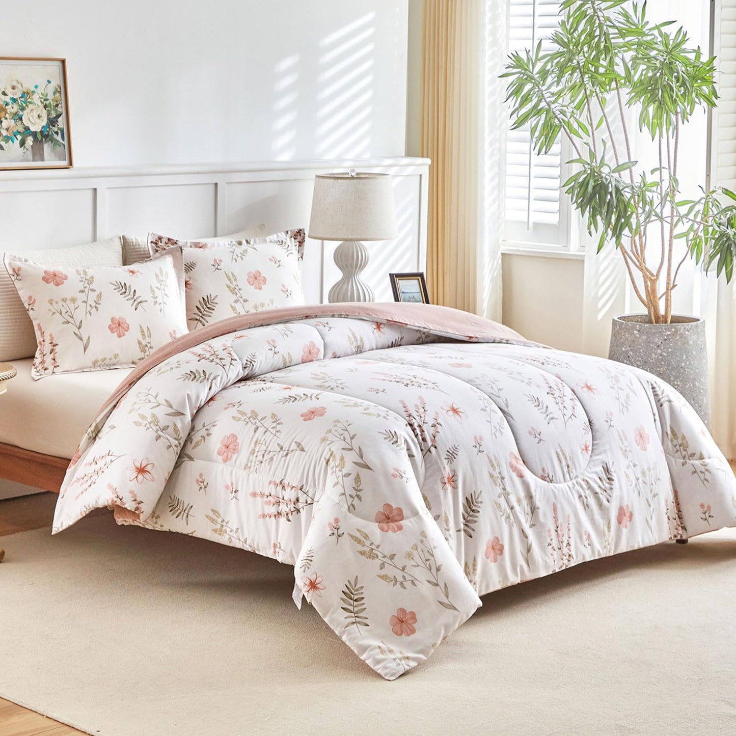 Joyreap 3pcs Floral Cotton Comforter Set for Girls, Pink Flowers n Leaves Botanical Design, Queen Size Soft n Cozy Bedding Comforter Set for All Season- 88x88 inches