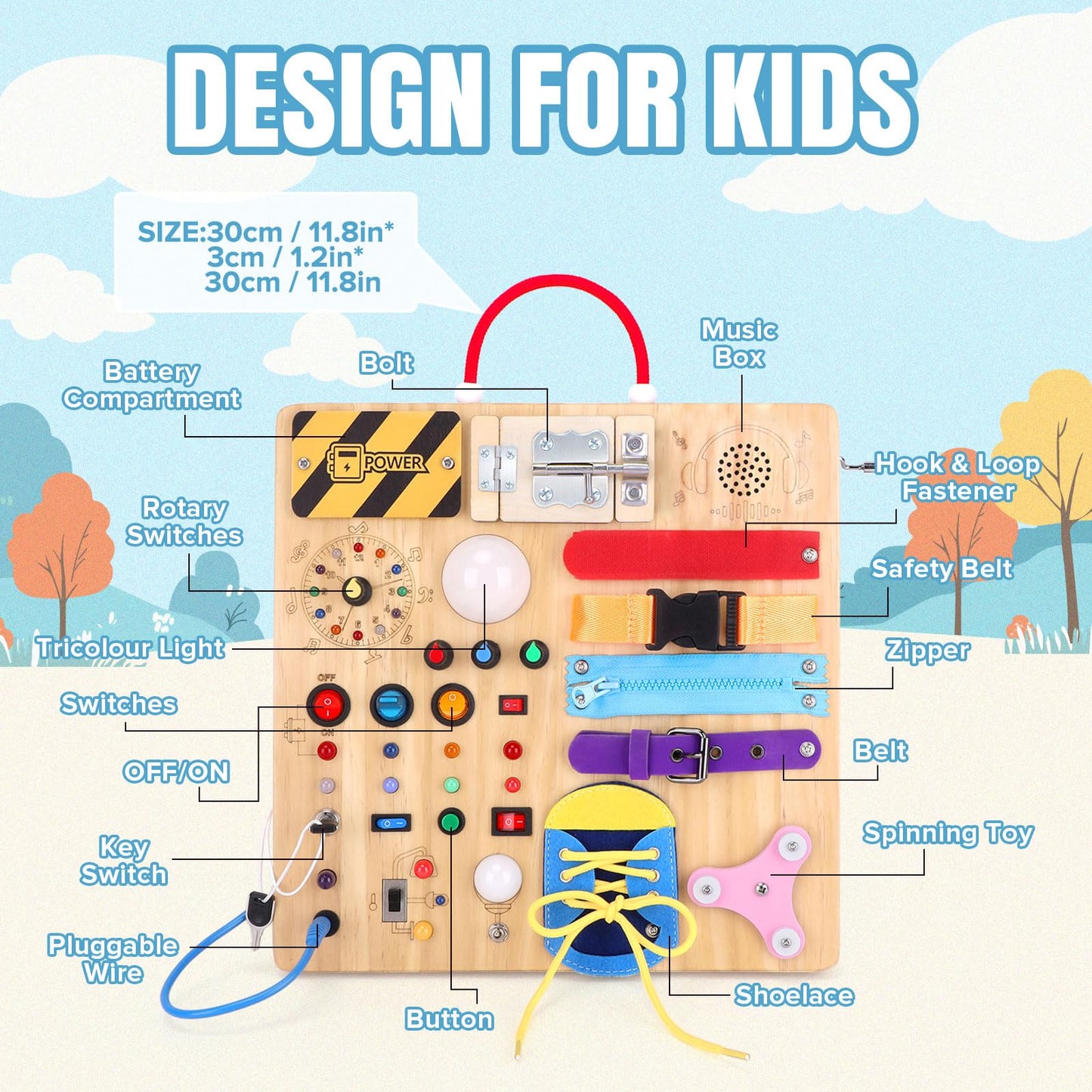 Busy Board Plus 23 in 1 Montessori Busy Board for 1 to 3 Year Old Toddlers Sensory Board with 15 Switches 26 LED Lights Music Box Locks and Zippers Ideal Travel Toy for Baby Sensory Development