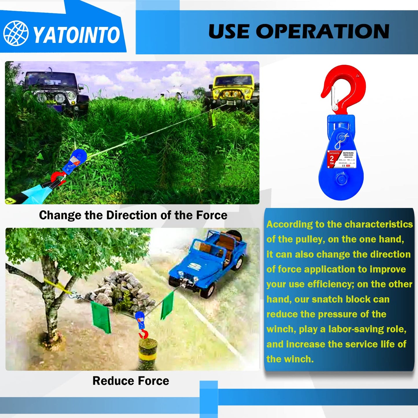 YATOINTO 2 ton Snatch Block with Hook, 3" Sheave 3/8" Inch Wire Rope Snatch Block, 4400lbs Snatch Pulley for Rollback Wrecker Car Hauler Winch