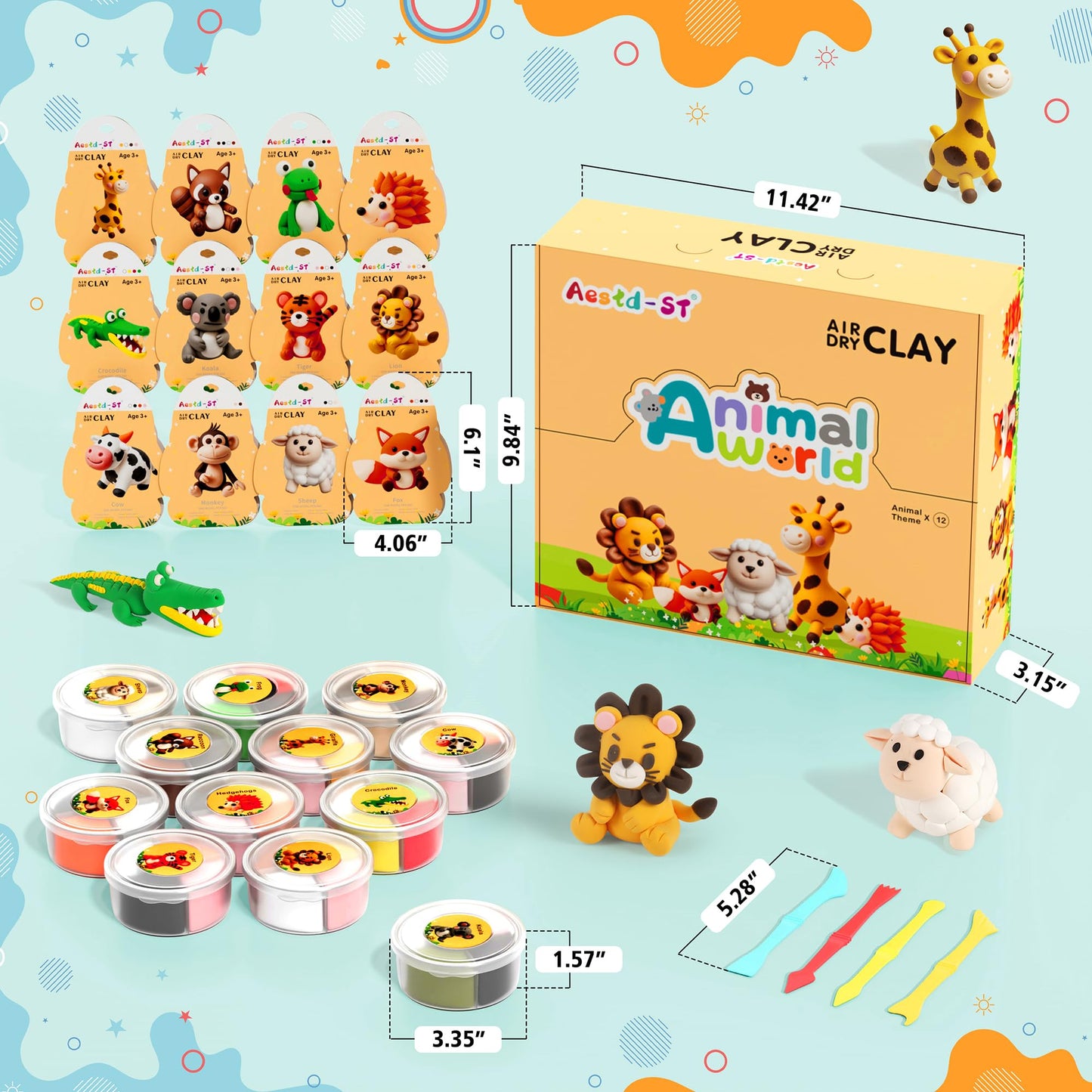 Air Dry Clay Kit - Animal Theme, Modeling Clay for Kids, DIY Model Magic clay with Sculpting Tools and Tutorials, 12 Boxes Molding Clay, Ultra Light, Soft & Non-Sticky, Arts and Crafts Gift for Kids.