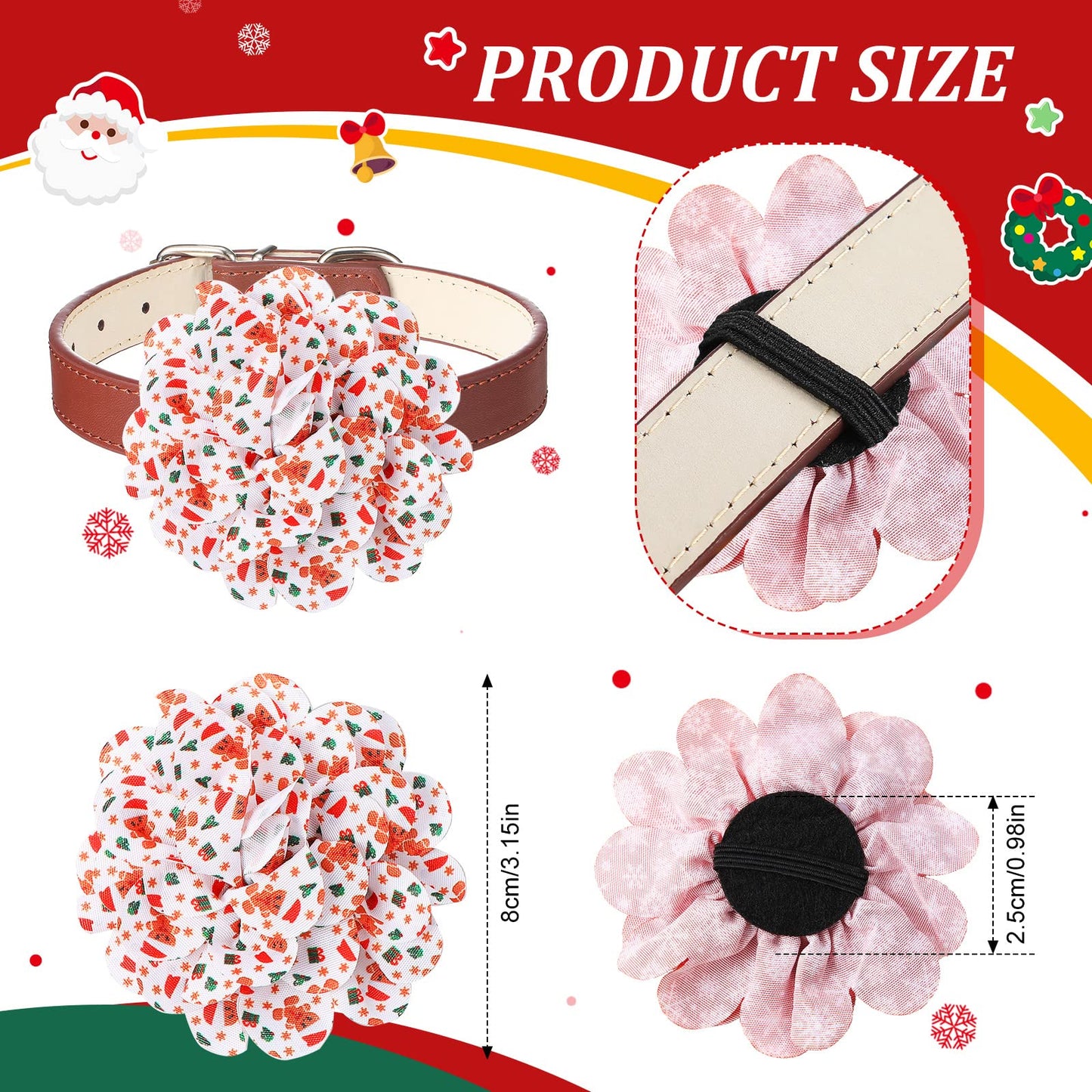 Sanwuta 80 Pieces Christmas Dog Collar Flowers Bulk Santa Claus Snowflakes Dog Charms Grooming Accessories Bow Tie Flower for Pets Cat Collar Attachment Embellishment Xmas Party Costume