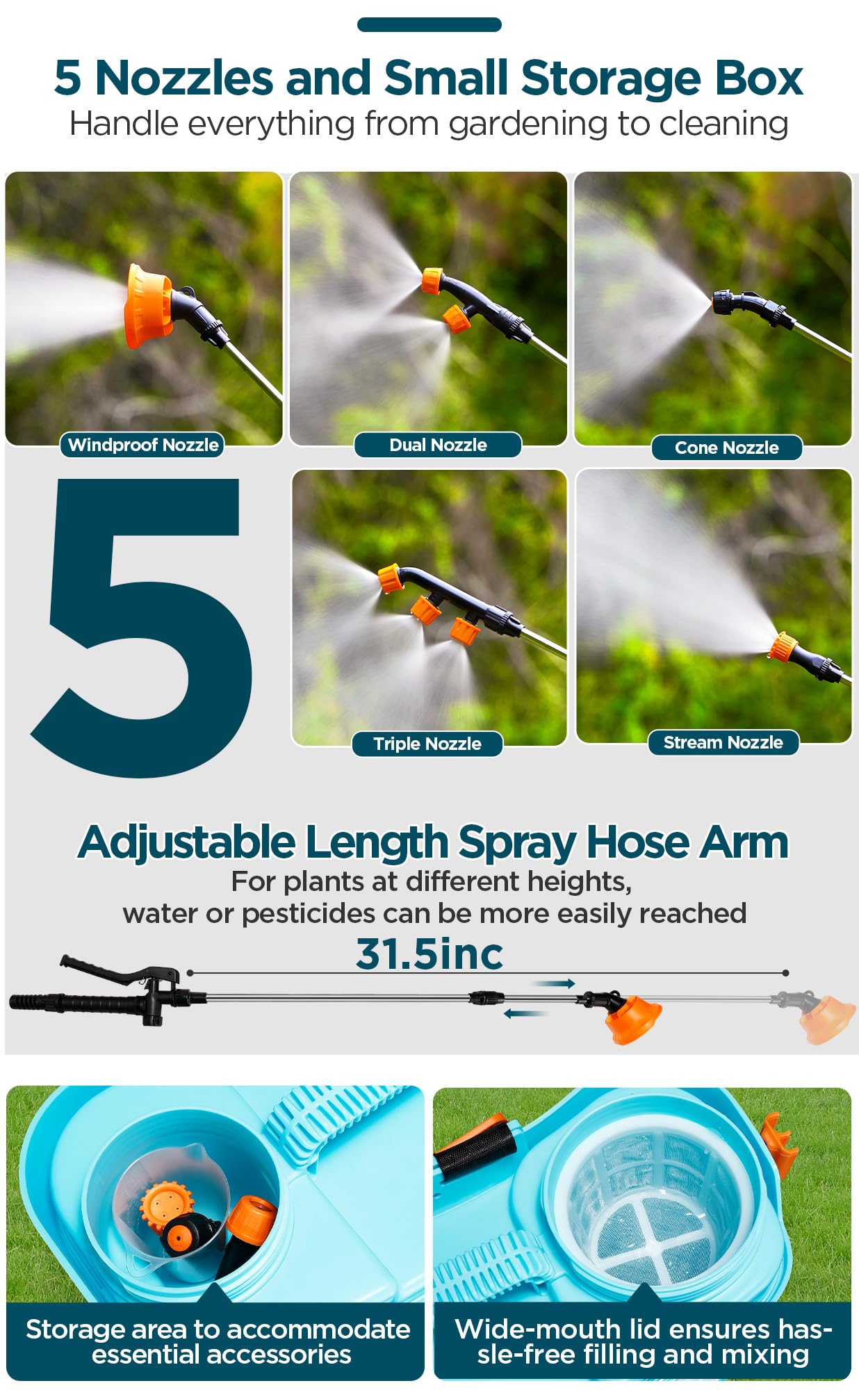 4 Gallon Battery Powered Backpack Sprayer with Mixer, 100 PSI Powerful Pressure Weeds Insecticide Pesticide Electric Sprayer, 31.50 in Metal Spray Pole, 5 Nozzles, Ergonomic Backpack, for Lawn Garden