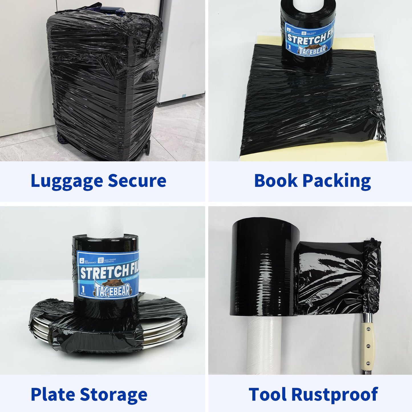 TAPEBEAR Black Stretch Wrap Film 4" x 1000Ft Shrink Wrap Roll with Handle, 60 Gauge Thick Durable Self-Adhering Plastic Wrap Industrial Strength Pallet Shrink for Moving, Packing, Storage, 4Rolls