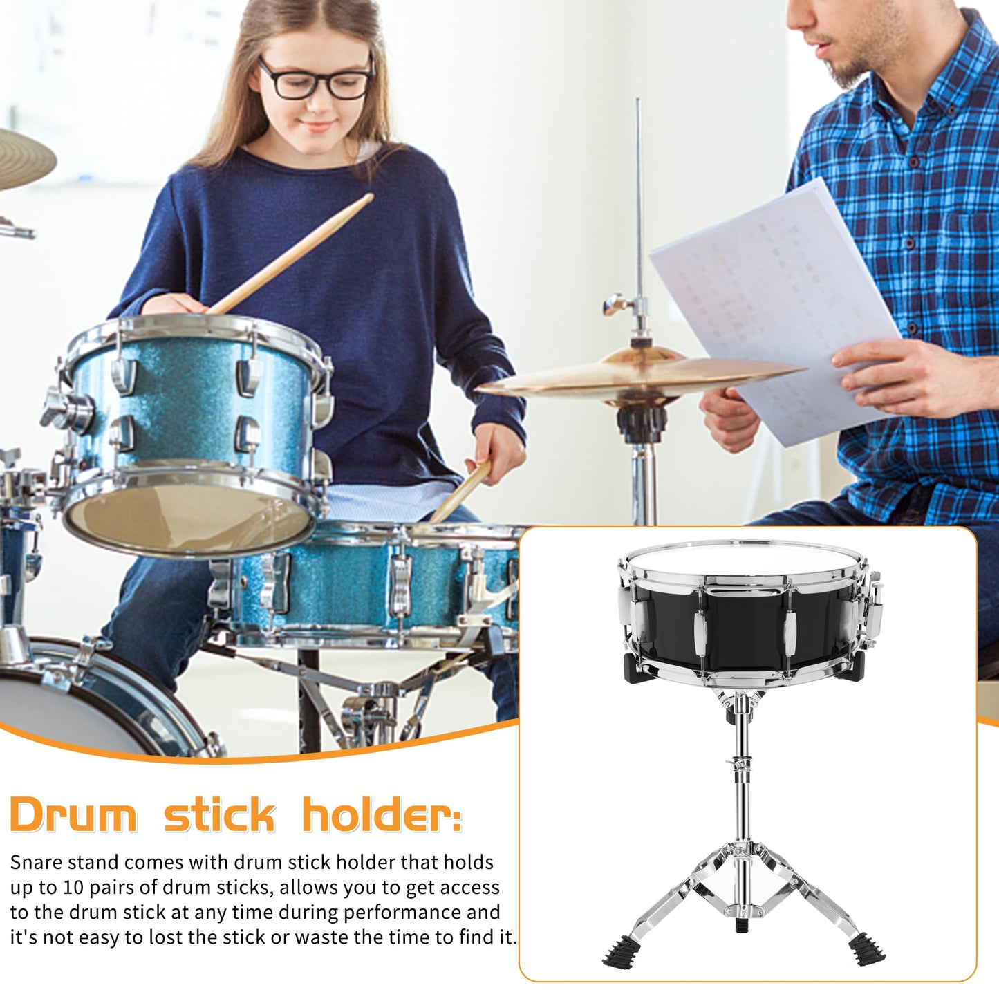 AKOZLIN Snare Drum Stand with Drum Sticks Holder Double Braced Tripod Snare Stand for 10 to 14 Inch Snare Drum Pad Height Adjustable 16.1 to 22 Inches