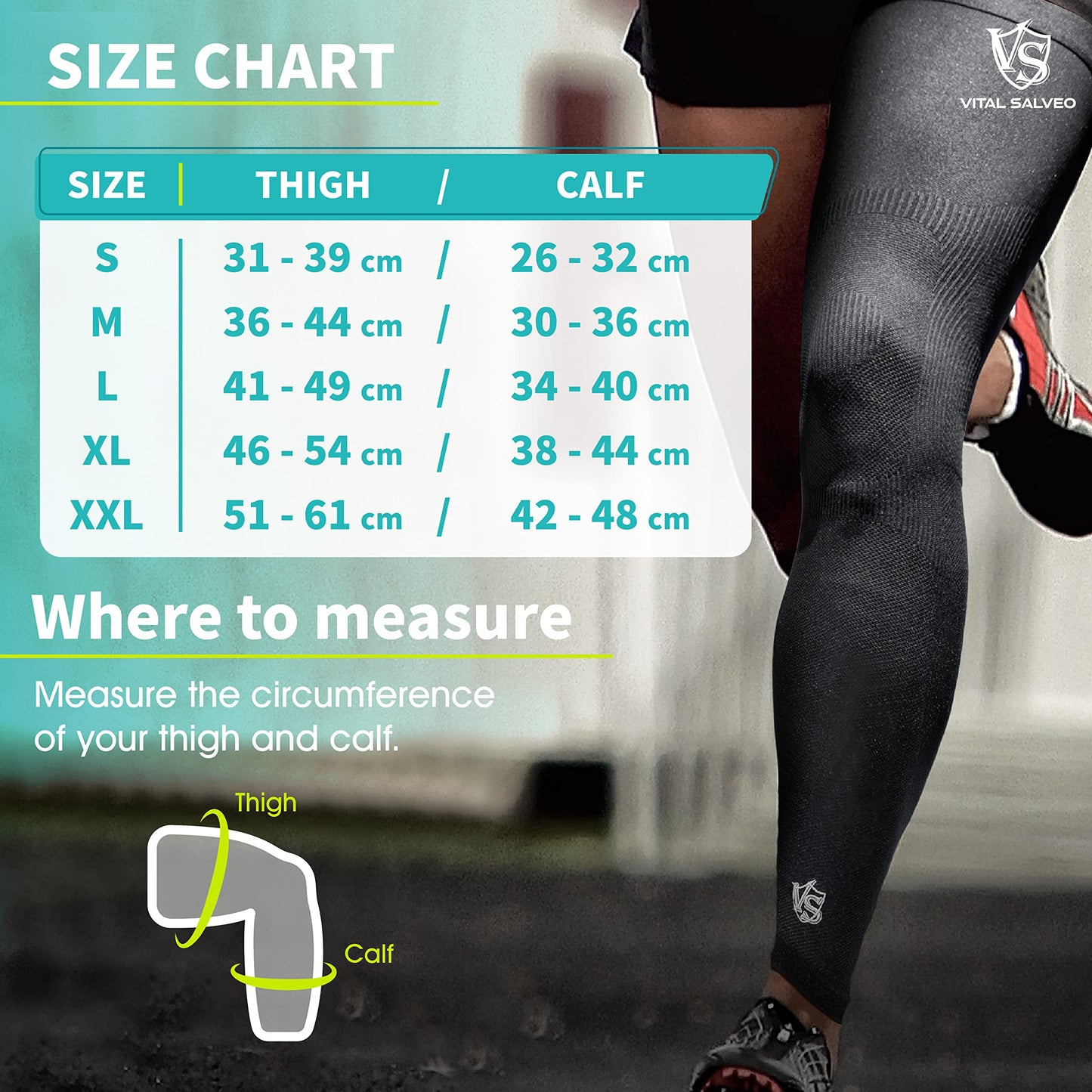 Vital Salveo - Germanium Recovery Compression Outdoor Full Length Leg Knee Sleeves Single Leg Pant. Tights Fit for Men and Women .Elastic & Breathable Non-Slip Inner Bands Suit for Running Basketball Football Cycling- Embroidered Logo(1 PC)-Large