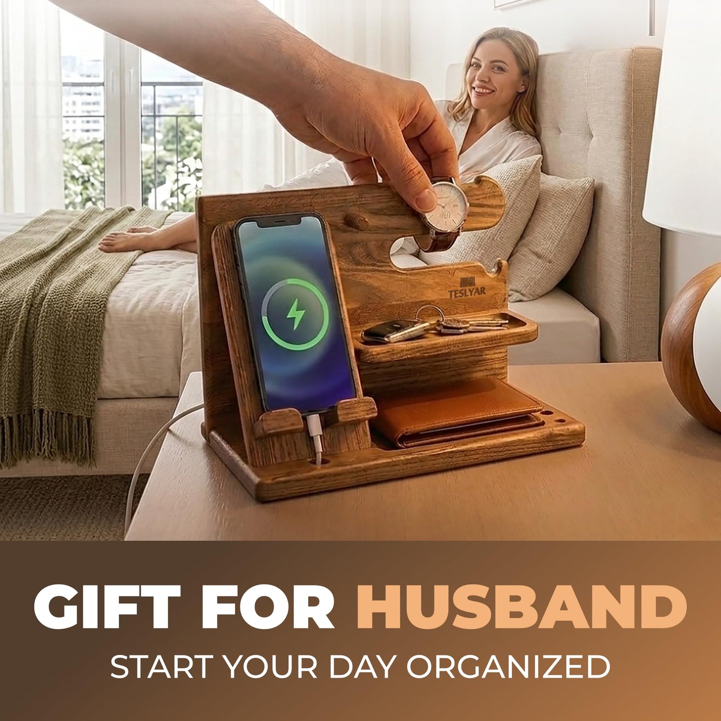 TESLYAR Wood Phone Docking Station - Gifts for Men - Desk or Nightstand Organizer - Birthday Gift for Husband, Dad - Anniversary Idea from Wife - Key Holder, Stand Wallet & Essentials (Earth Beige)
