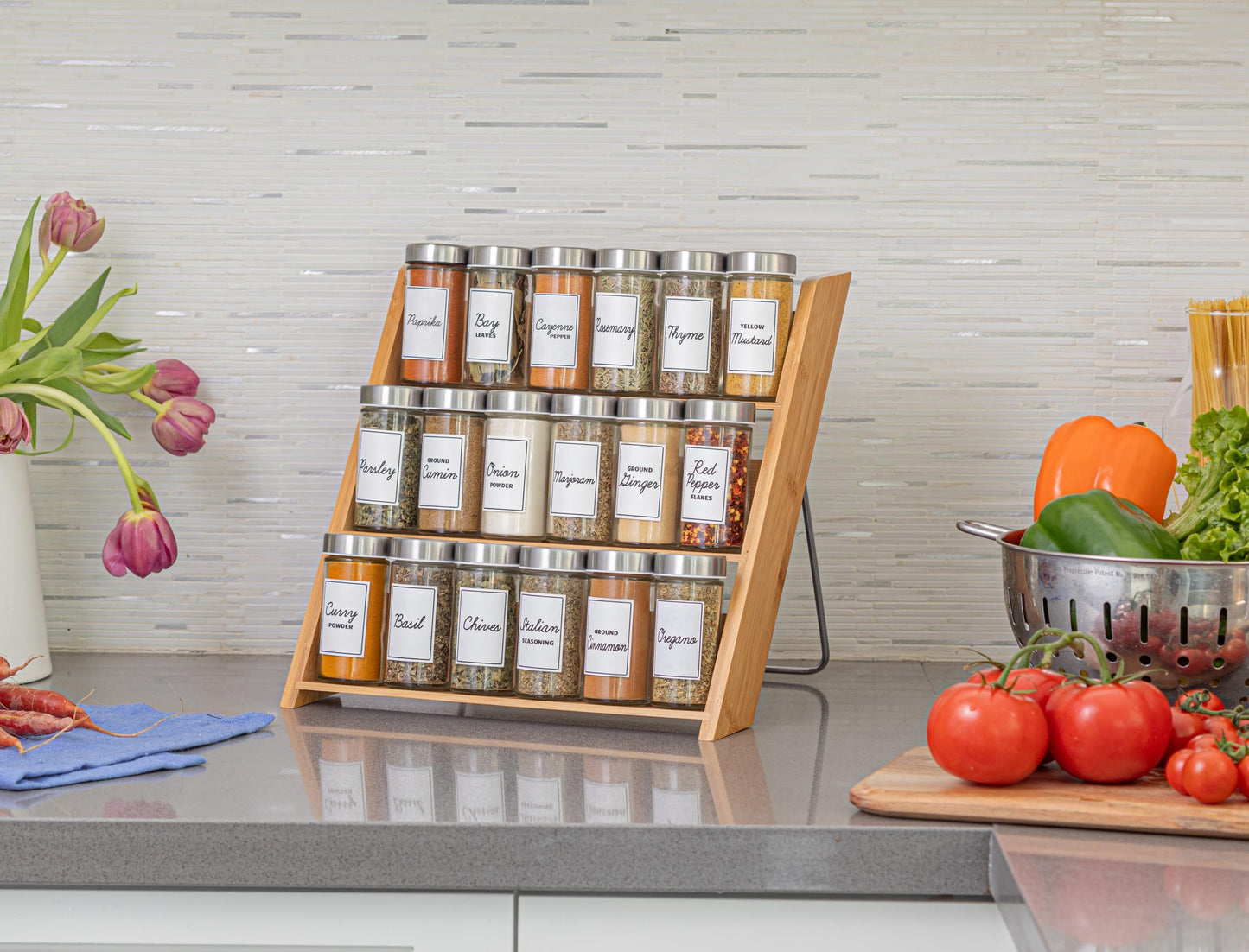 Orii 18 Jar Bamboo Compact Spice Organizer for Countertop and Kitchen Drawer, Filled with Spices