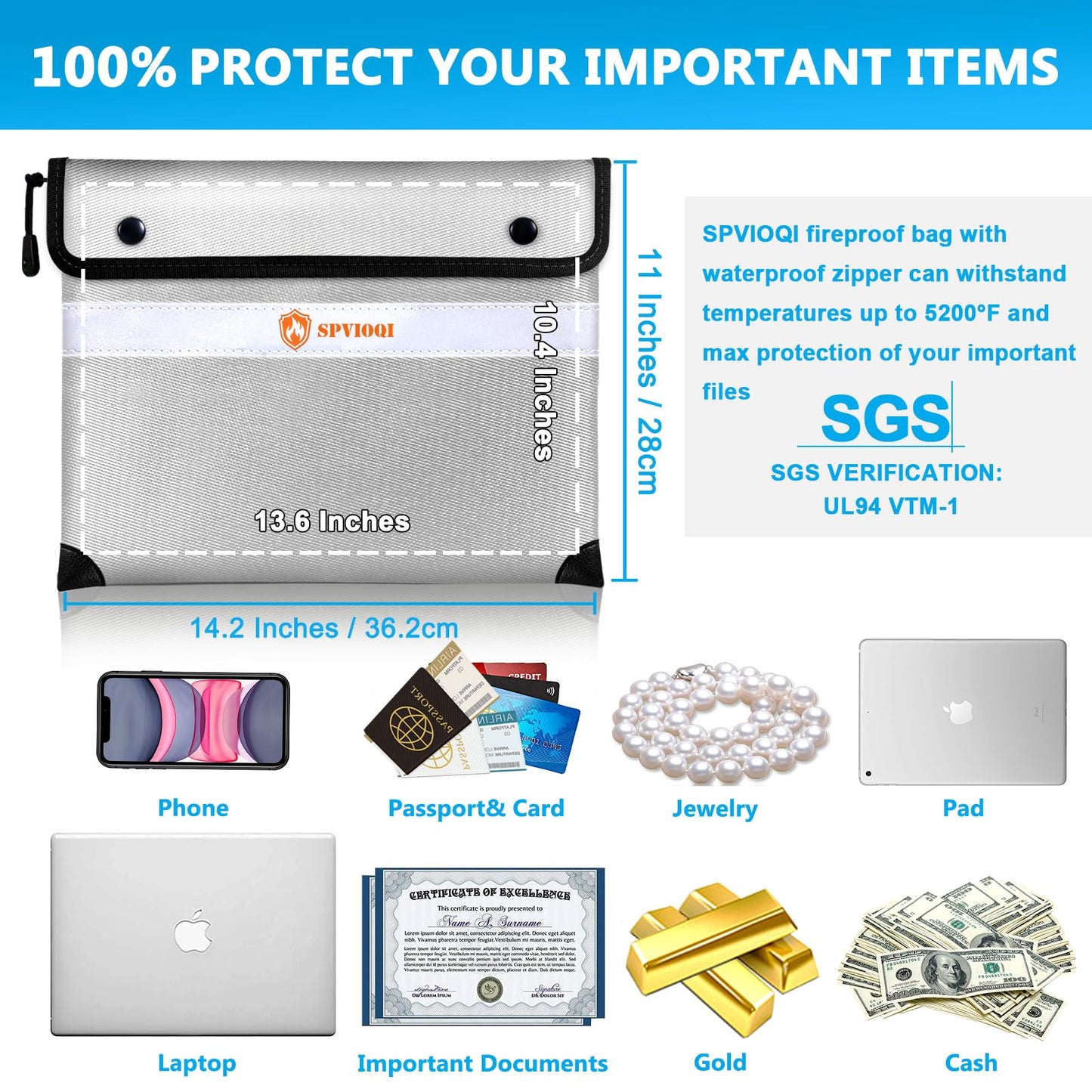 Upgraded Fireproof Document Bag 5200°F, 14.2” X 11” Waterproof Fireproof Bag with Zipper, 8 Layers of Heat Insulated Materials, Fireproof Money Bag for Cash, Important Documents and Valuables fire bag
