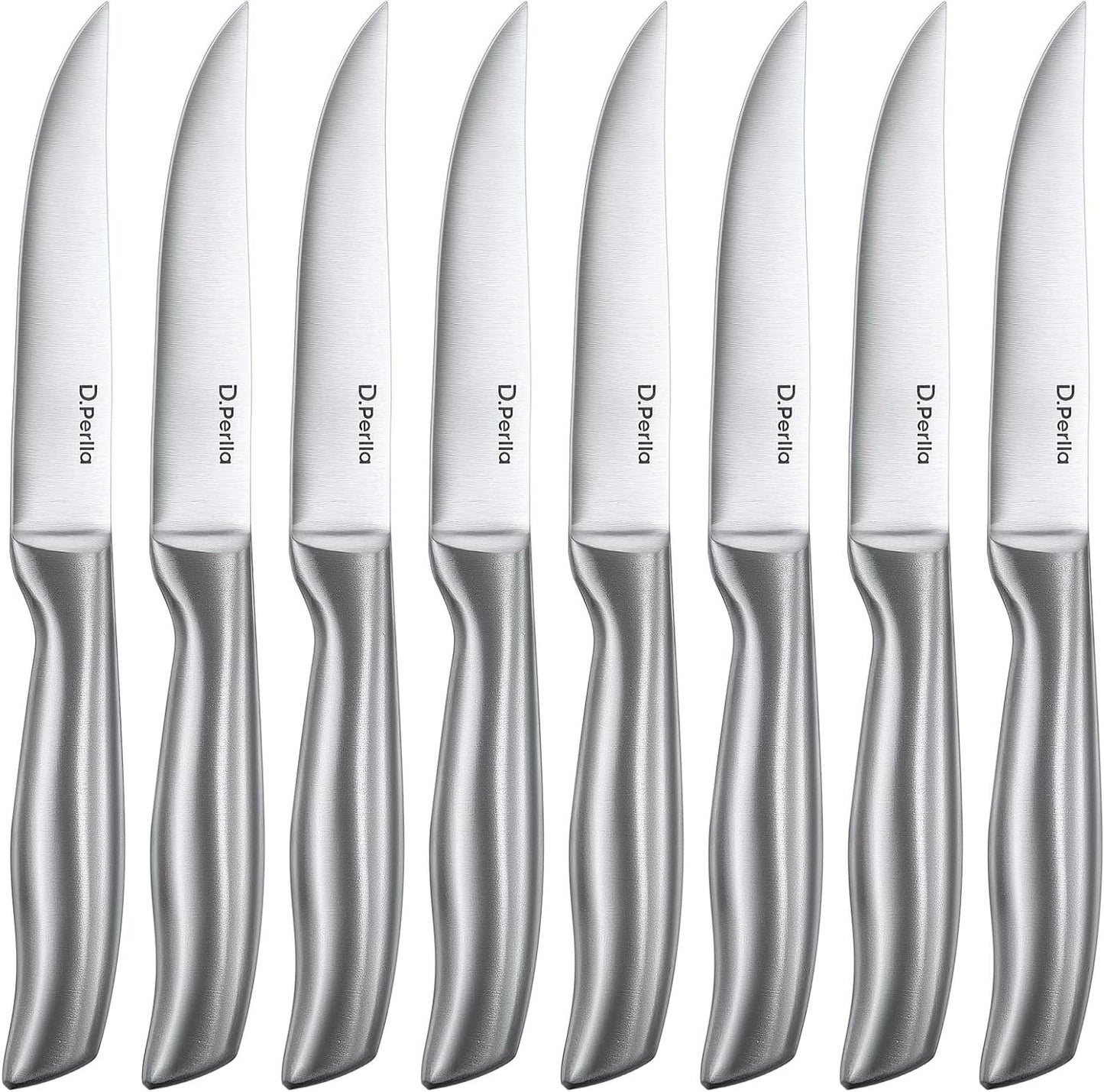 D.Perlla Steak Knife Set, Straight Edge Steak Knife Set of 8, High Carbon Stainless Steel Steak Knives Never Need Sharpening, One Piece Design & Hollow Handle, Professional Cutlery Set