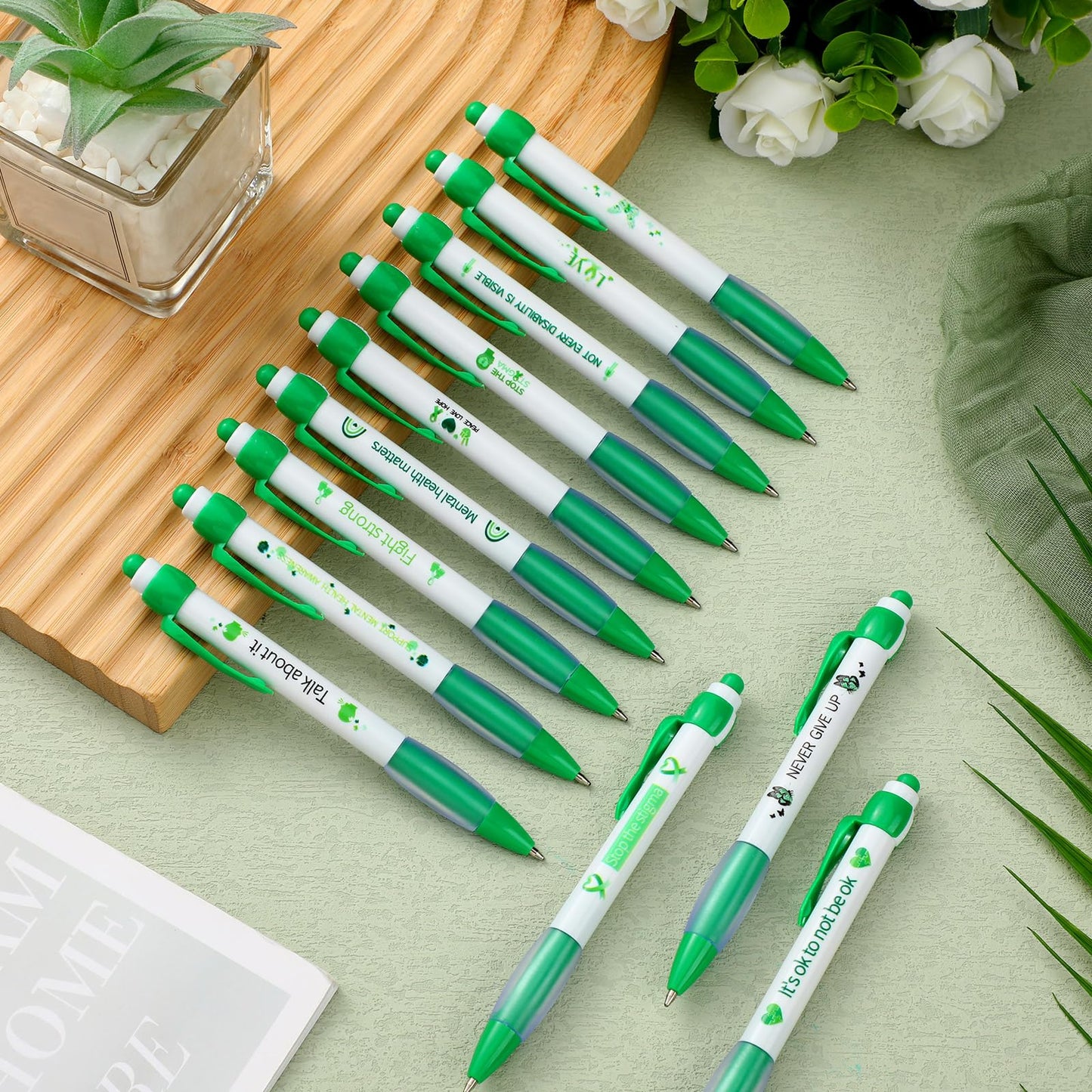 Ctosree 120 Pcs Mental Health Awareness Pens Gifts Bulk 12 Style Green Ribbon Retractable Gel Pens Black Ink Mental Health Awareness Accessories Favors Items for Office Charity Stuffers