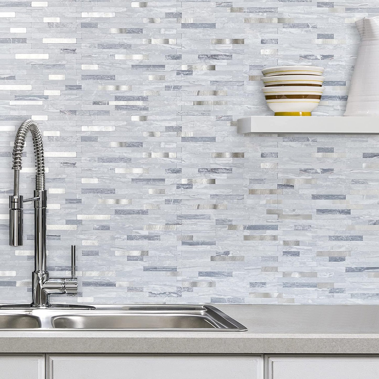 AULIGET 20 Sheets Faux Stone Peel and Stick Backsplash, Light Grey Marble Look PVC Mixed Metal Wall Tiles Stick on Backsplash for Kitchen