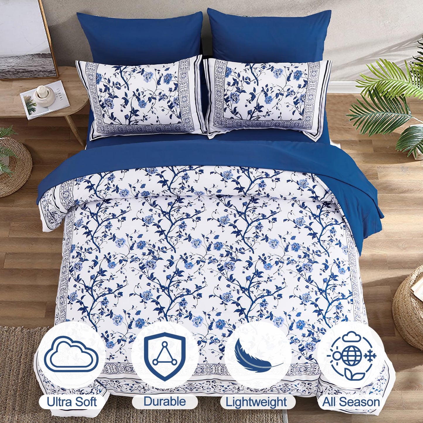 Floral Queen Comforter Set, 7 Piece Bed in a Bag Queen Size Blue Flowers on White Botanical Bedding Set, Soft Microfiber Bedding Comforter Sets with Sheets for All Season