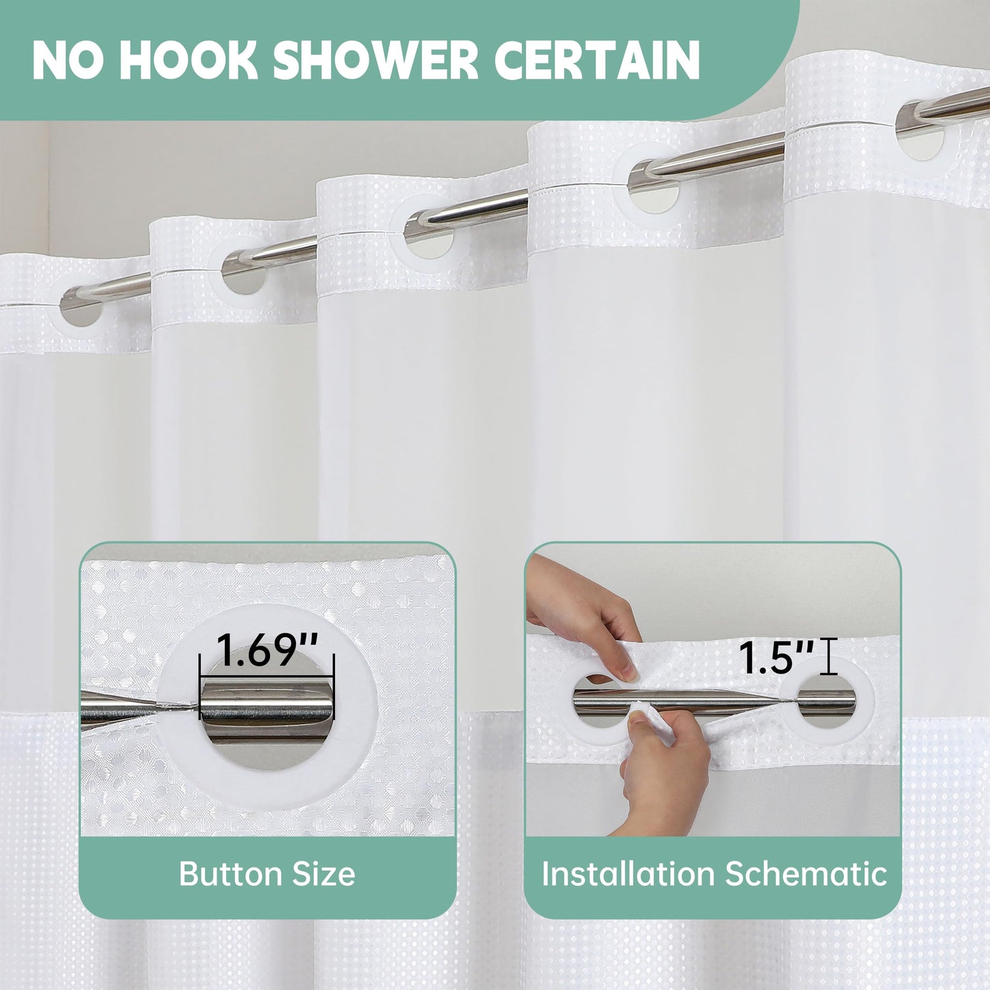 JYhoney White No Hook Shower Curtain with Snap in Liner, 230GSM Waffle Weave Shower Curtains Waterproof Polyester Fabric Shower Curtain Set for Bathroom Bathtubs, Through Mesh Top Window,71Wx74H