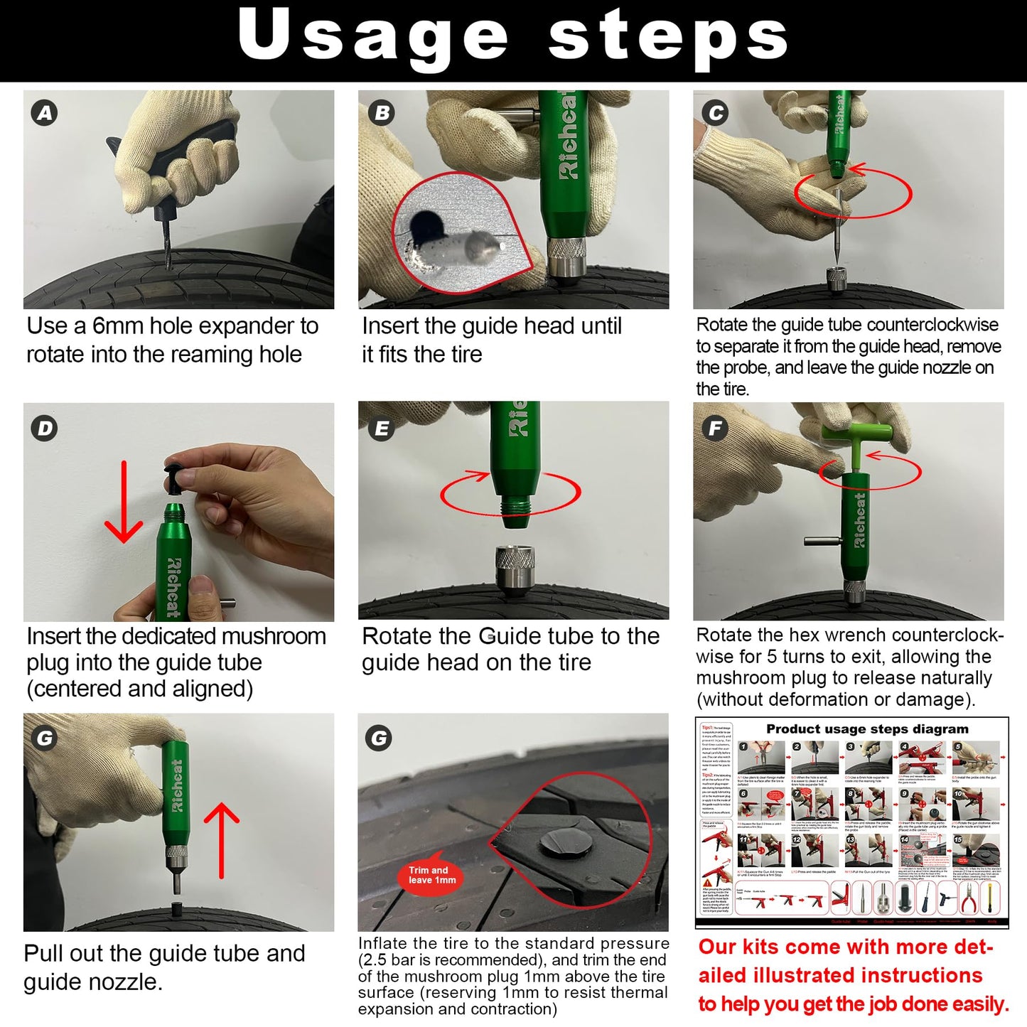 Richcat Tubeless Tire Puncture Repair Kit with Mushroom Plug, Repairs punctures and Flat Tires for Motorcycles, Cars, Trucks, ATVs and Tractors