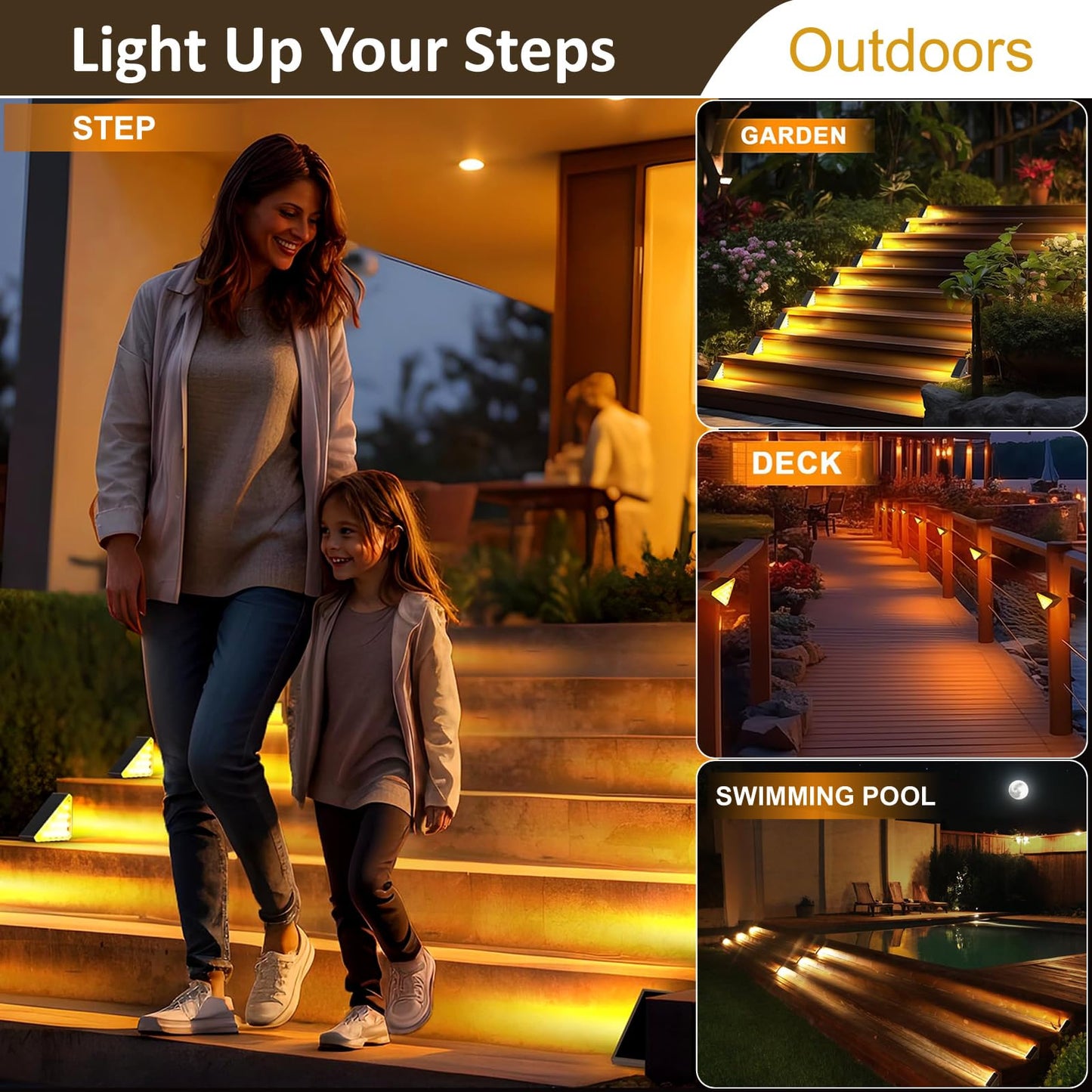 Solar Stair Lights Outdoor Waterproof IP67, High Brightness Warm White, Outdoor Solar Step Lights, Step Lights Outdoor Solar Powered, Deck Step Lights for Stair, Deck (Warm White, 16-Pack)