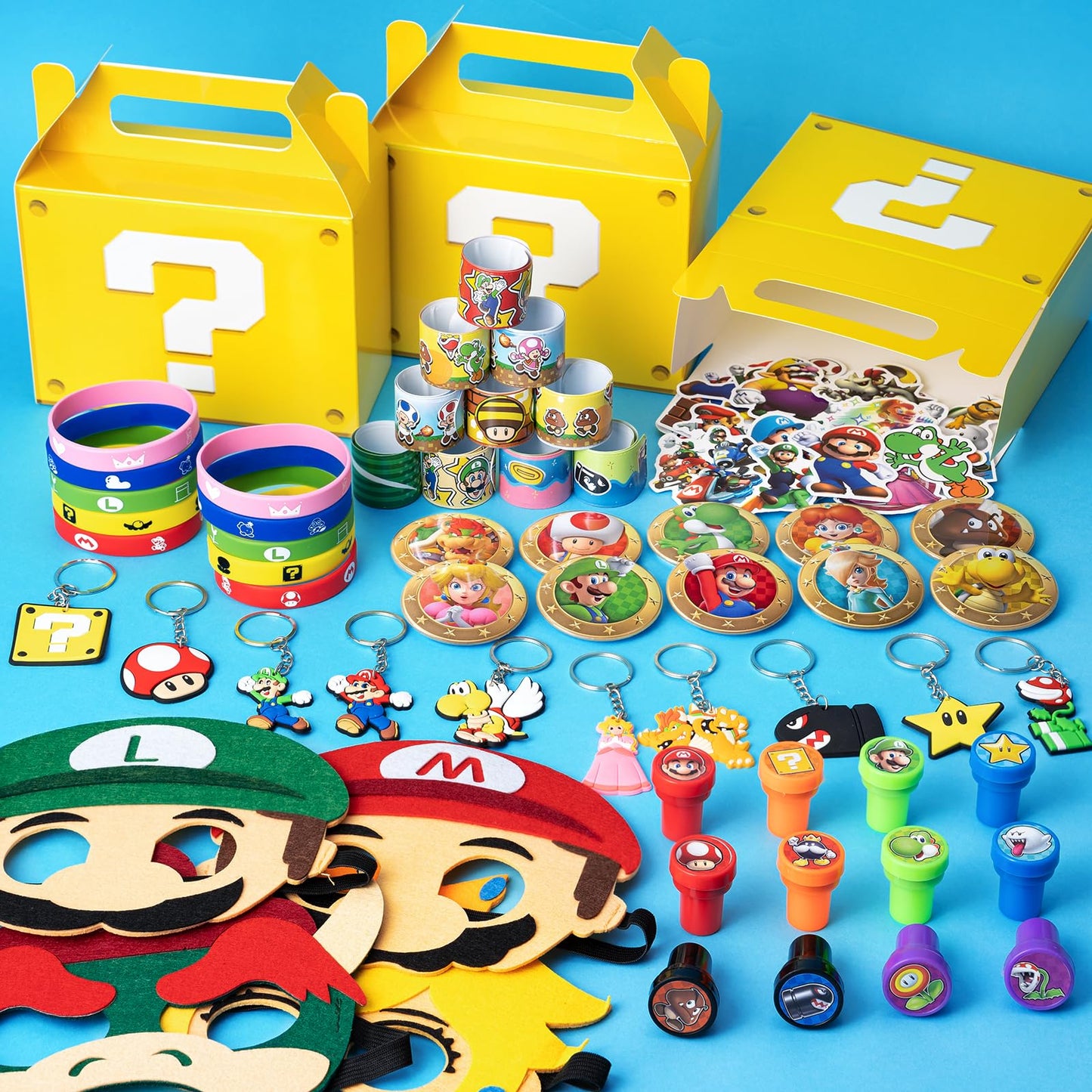 122 Pcs Birthday Party Favors Include 10 Boxes,20 Wristbands, 10Masks,10 Keychains, 12 Stamps,10 Pattern decorations and 50 Stickers for Kids, Best Gift Bag Filler for Themed Party