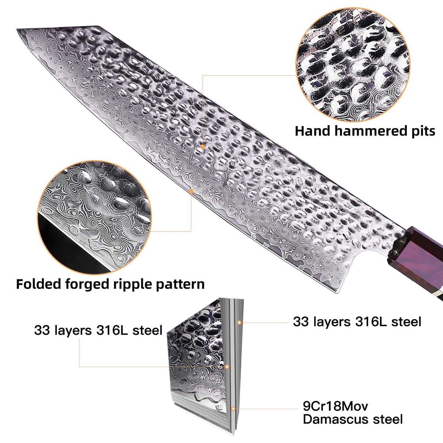 FINDKING Eternity Series Japanese Kiritsuke Knife with ABS Sheath, Multi-Purpose Gyuto Chef Knife, 9Cr18MoV Damascus Steel Blade, Resin Octagonal Handle, for Meat, Fruits, Vegetables,9 Inches/22CM
