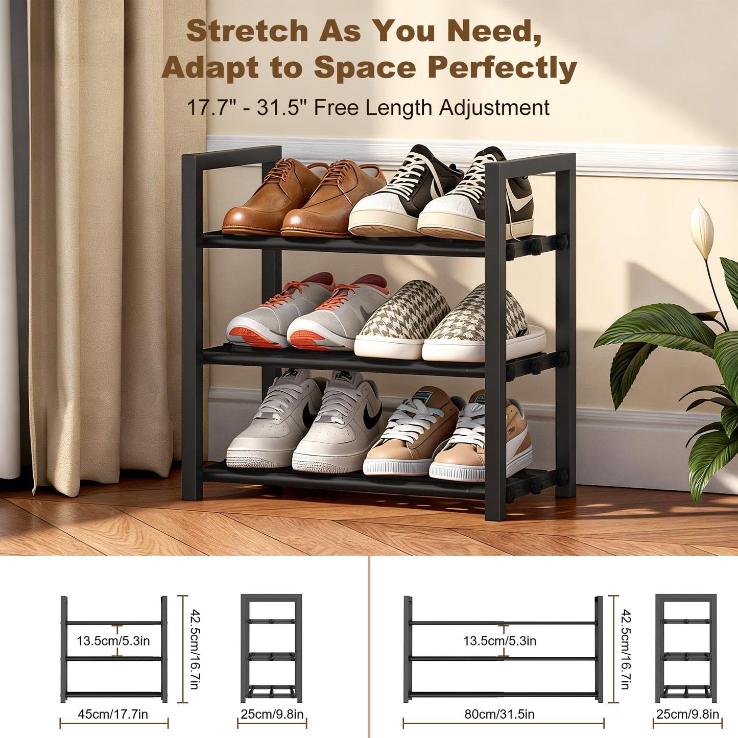 Roylvan 3-Tire Expandable Shoe Rack, 17"-31" Adjustable Stackable Free Standing Shoe Shelf Storage Fits 6-12 Pairs Shoes, Heavy Duty Reinforced Metal Shoes Organizer for Closet Entryway Doorway Dorm