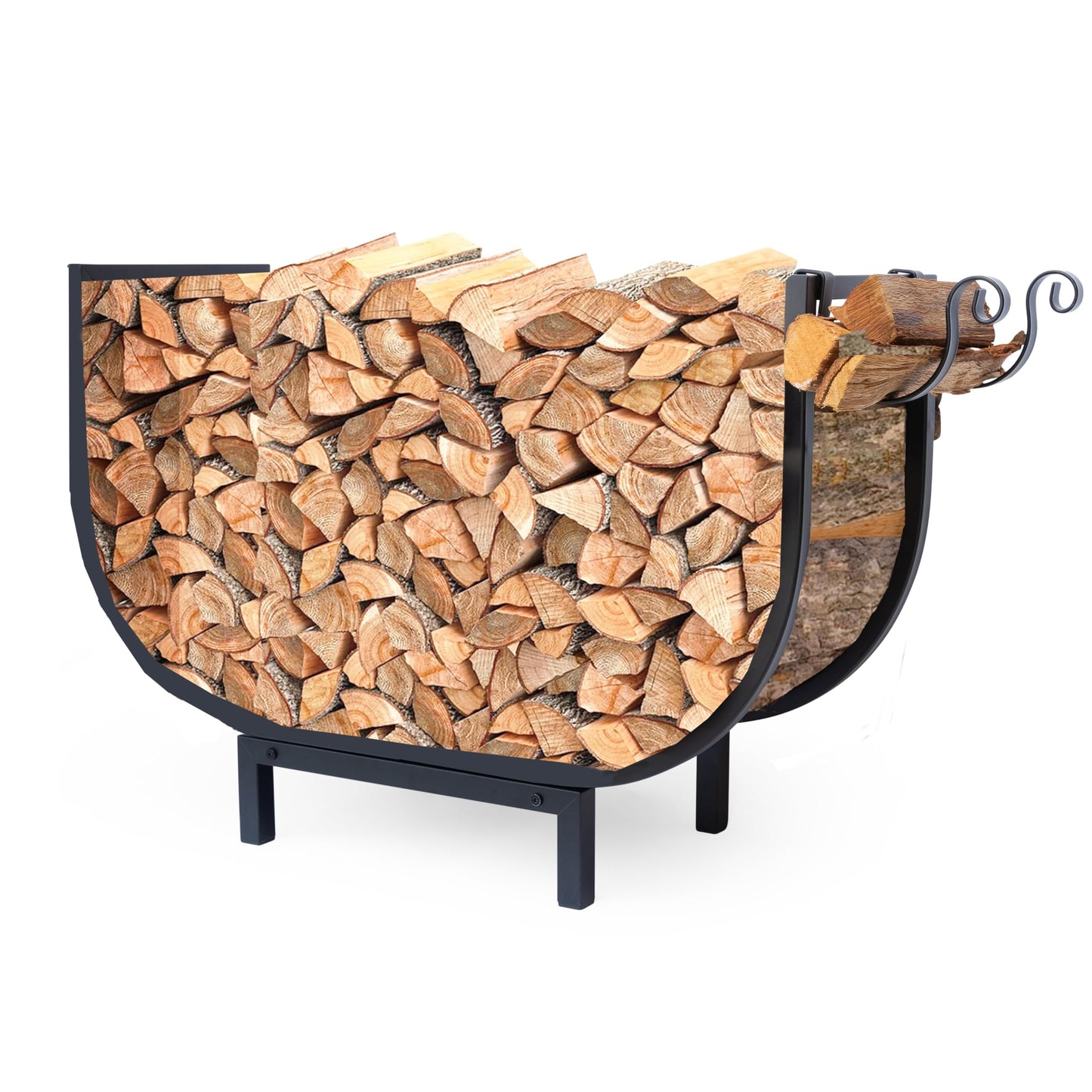 FireProof Pros Outdoor Firewood Racks or Indoor Wood Holder with Kindling Hooks. 32in Curved Wood Rack. Double Coated Firewood Storage Outdoor Waterproof, Rustproof, Stable Fireplace Log Holder
