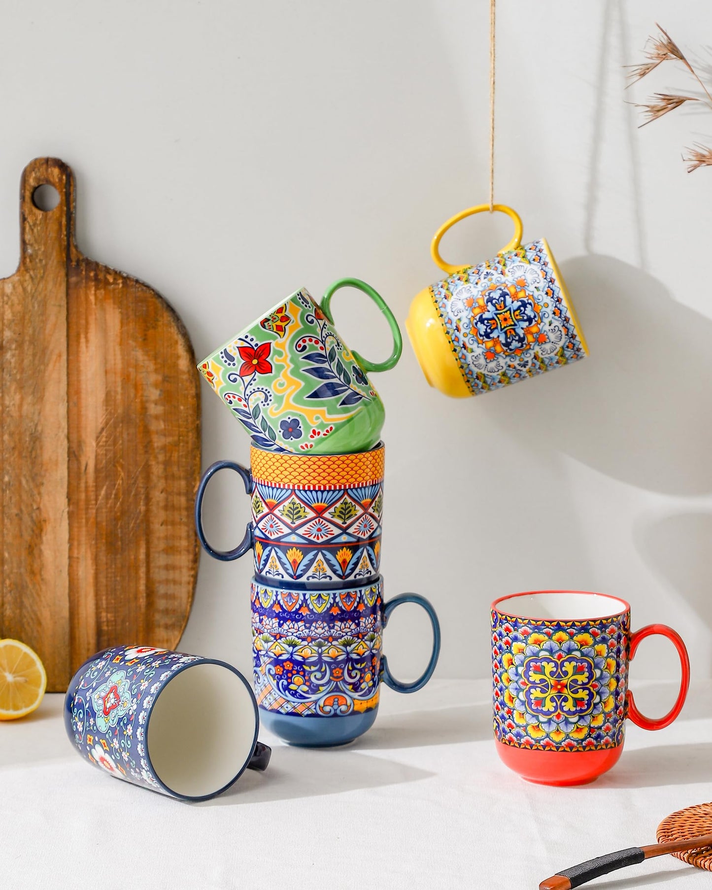 Coffee Mugs Set 14 Ounce - Multicolor Porcelain Cups for Latte, Hot Tea, Cappuccino, Cocoa, Soup, Dishwasher, Microwave Safe, Christmas Gift Set of 6 - Bohemian Style
