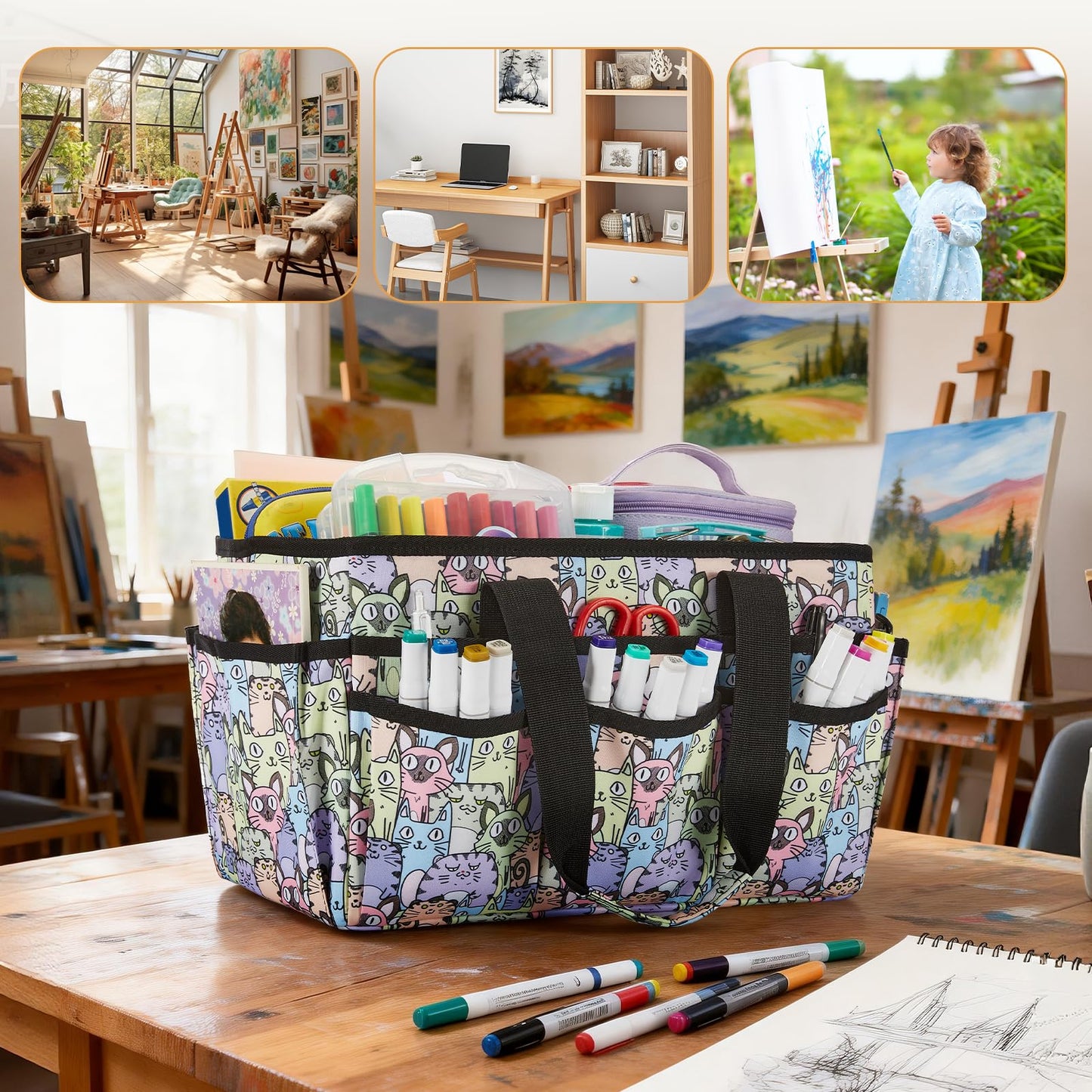 JOSIVIKY Craft Organizer Tote Bag, Art Caddy Bag with Multiple Pockets, Sewing Bags for Scrapbooking, School, Home and Office Supplies (Cat)