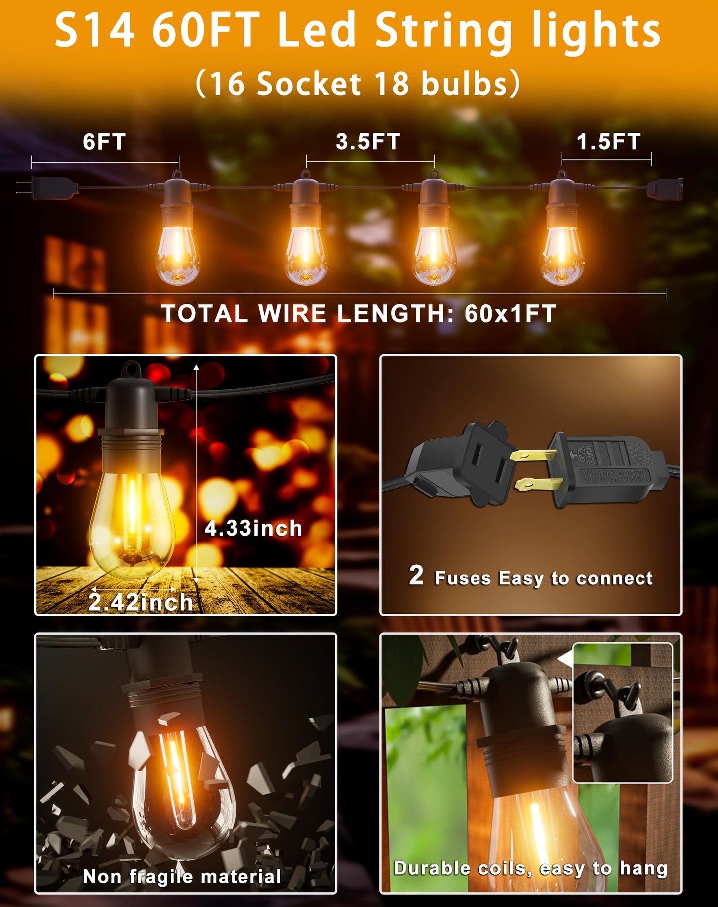 Luckystyle 60FT LED Outdoor String Lights with 16+1 Edison Shatterproof IP65 Waterproof Bulbs, 2700K Dimmable Commercial Grade Patio Lights, Heavy Duty Outside Hanging Lights for Garden Porch Decor