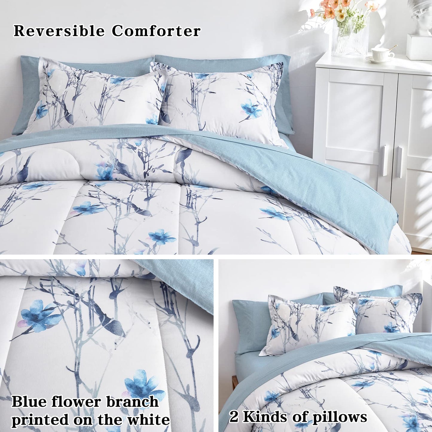 7 Pieces Bed in a Bag Queen Comforter Set with Sheets, Blue Flower Branch on White Botanical Bedding Sets for All Season (1 Comforter, 2 Pillow Shams, 1 Flat Sheet, 1 Fitted Sheet, 2 Pillowcases)