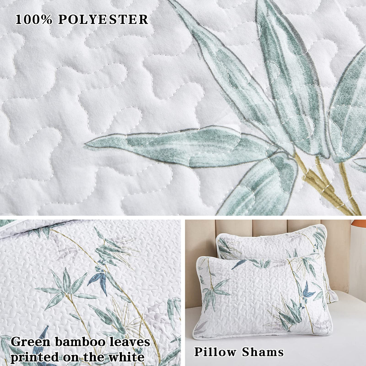 3 Pieces Full/Queen Size Botanical Quilt Set, Green Leaves Printed on White Reversible Bedspread Coverlet Set, Soft Microfiber Lightweight Bed Cover for All Season (90" x 90", 1 Quilt+ 2 Pillow Shams)