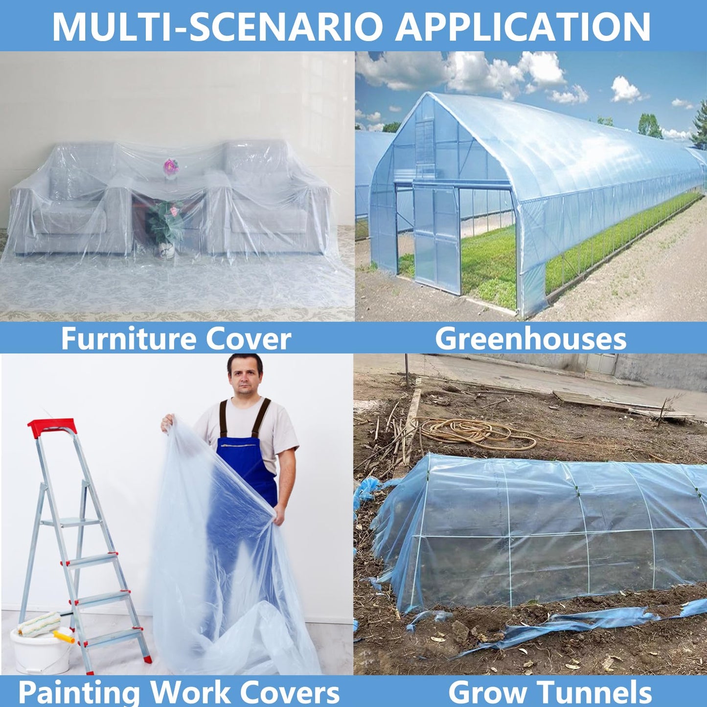 Clear Greenhouse Film Plastic Sheeting, 10 x 33 FT 6 Mil High Strength Polyolefin Greenhouse Plastic Covers, Clear and Dustproof Plastic Sheeting for Outdoors Like Farm, Agriculture