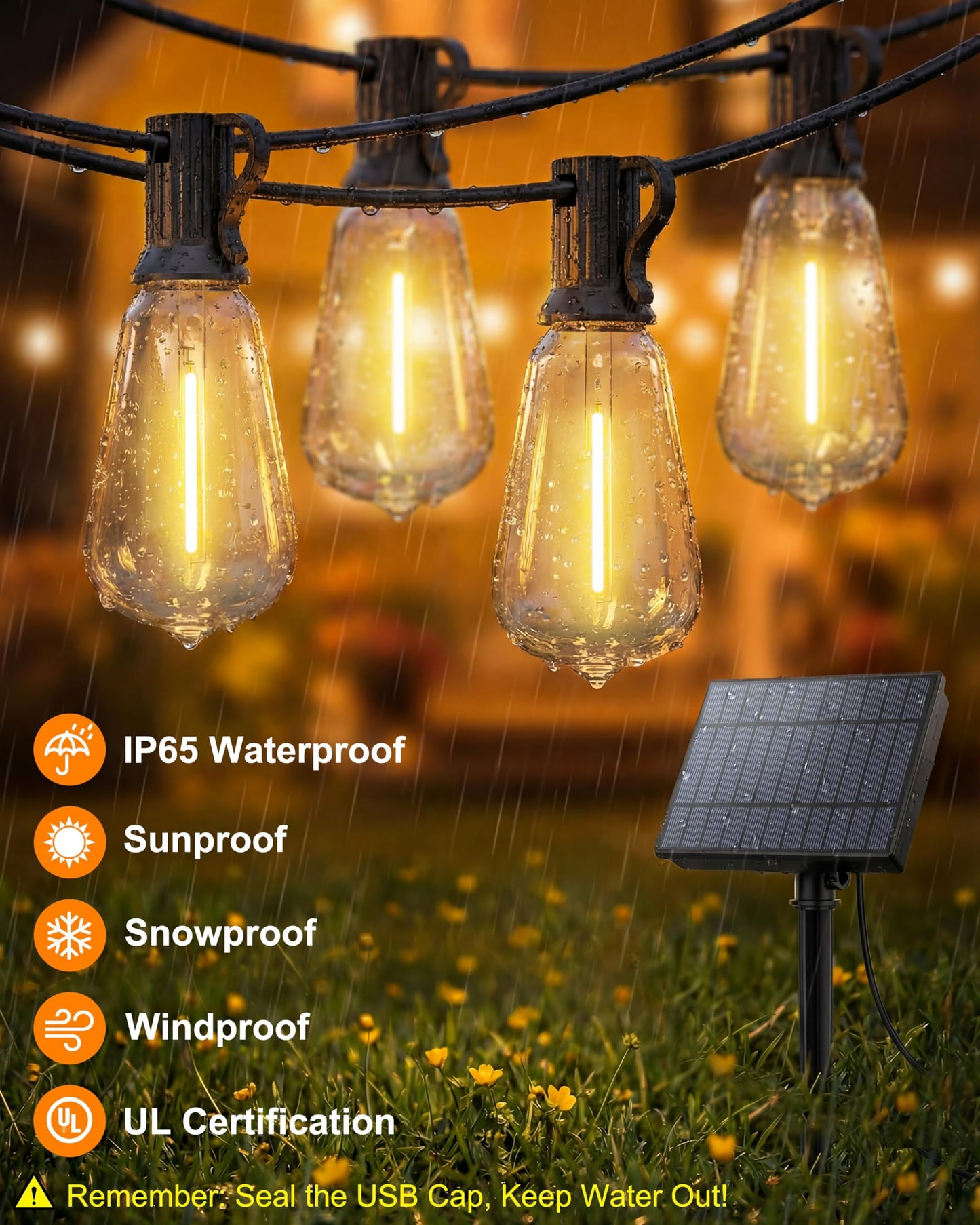 Pesken Solar String Lights Outdoor, Waterproof ST38 LED Patio Lights with Remote & USB Charge, 2700K Dusk to Dawn, Timer & 3 Modes, 54FT Dimmable Solar Powered String Lights for Backyard, Camping