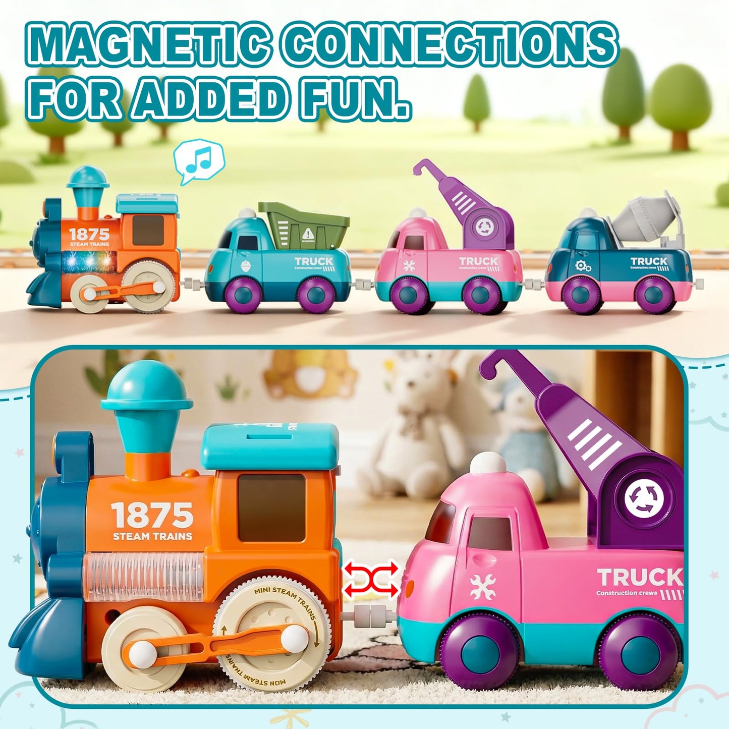 Train Set for Toddlers, Magnetic Train Toys for Toddlers 3+ Electric Train Set with Train Tracks Accessories Battery Operated, 4pcs Trucks Toy Train for Boys and Girls