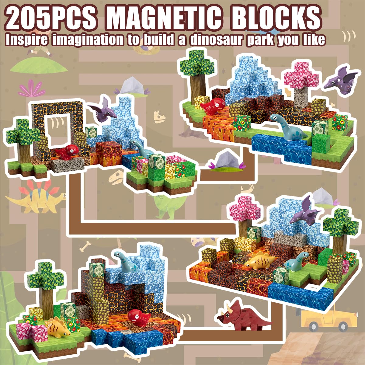 205Pcs Magnetic Blocks Dinosaur Building Set, 1 Inch Magnetic Building Blocks Magnet Dinosaur Building Toy Set Magnet Constructions Stacking Sensory STEM Toys for Toddler Boys Girls Christmas Birthday