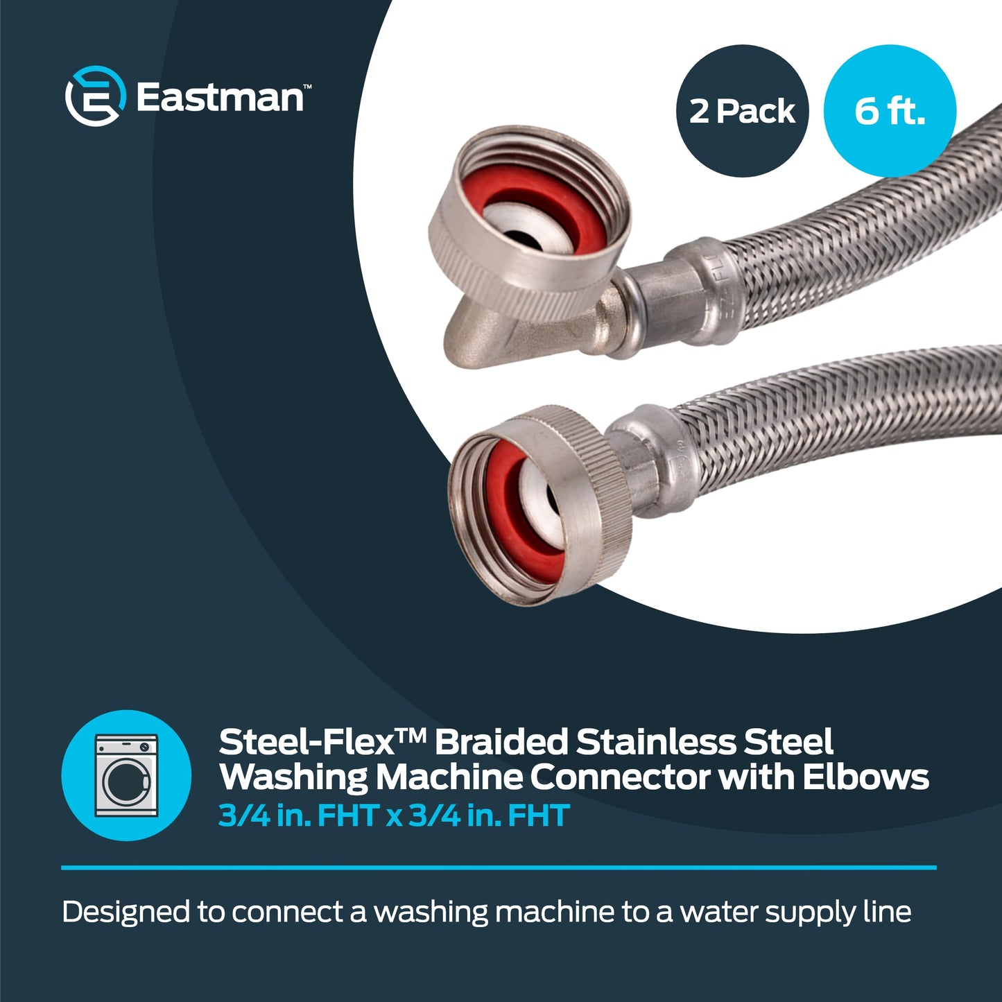 Eastman 41066 Stainless Steel Washing Machine Hose with 90 Degree Elbow, 3/4" X 3/4", 1 Pair
