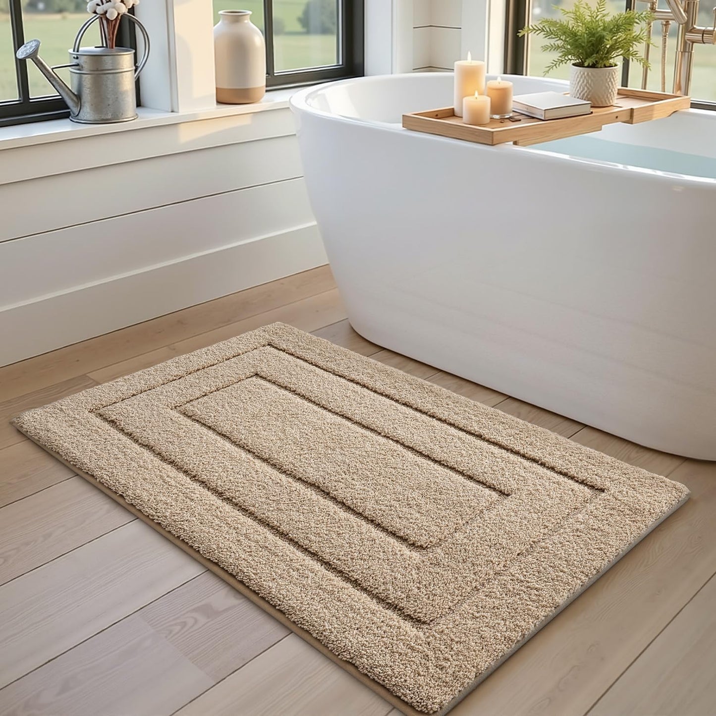 DEXI Bath Mat Non Slip, 24x36 Absorbent Microfiber Soft Bathroom Rug, Machine Washable Carpet for Shower Floor Bathmat Decor, Beige