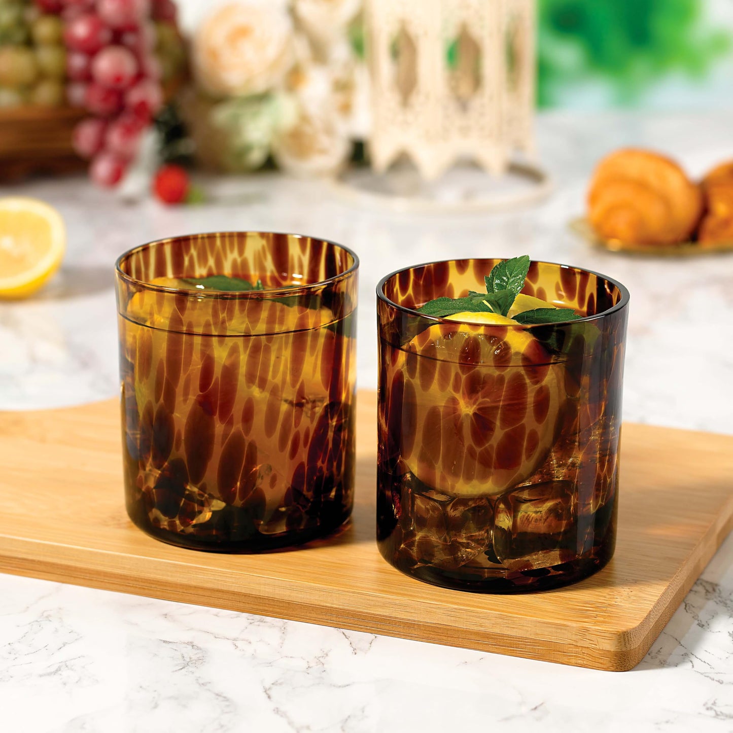 Joseph Sedgh Collection Tortoise Shell DOF Lowball Glass Set of 4 – 10.15 oz Borosilicate Whiskey & Cocktail Glasses – Stylish, Lead-Free, Dishwasher Safe – Gift Box Included