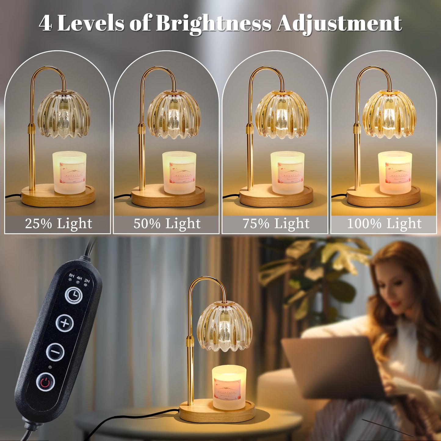 Heymirro Candle Warmer Lamp with Timer Dimmer Adjustable Height, Wax Warmer Lamp for Jar Candles with 2 Bulbs, for Home Decor, Mother's Day, Christmas Gifts for Women